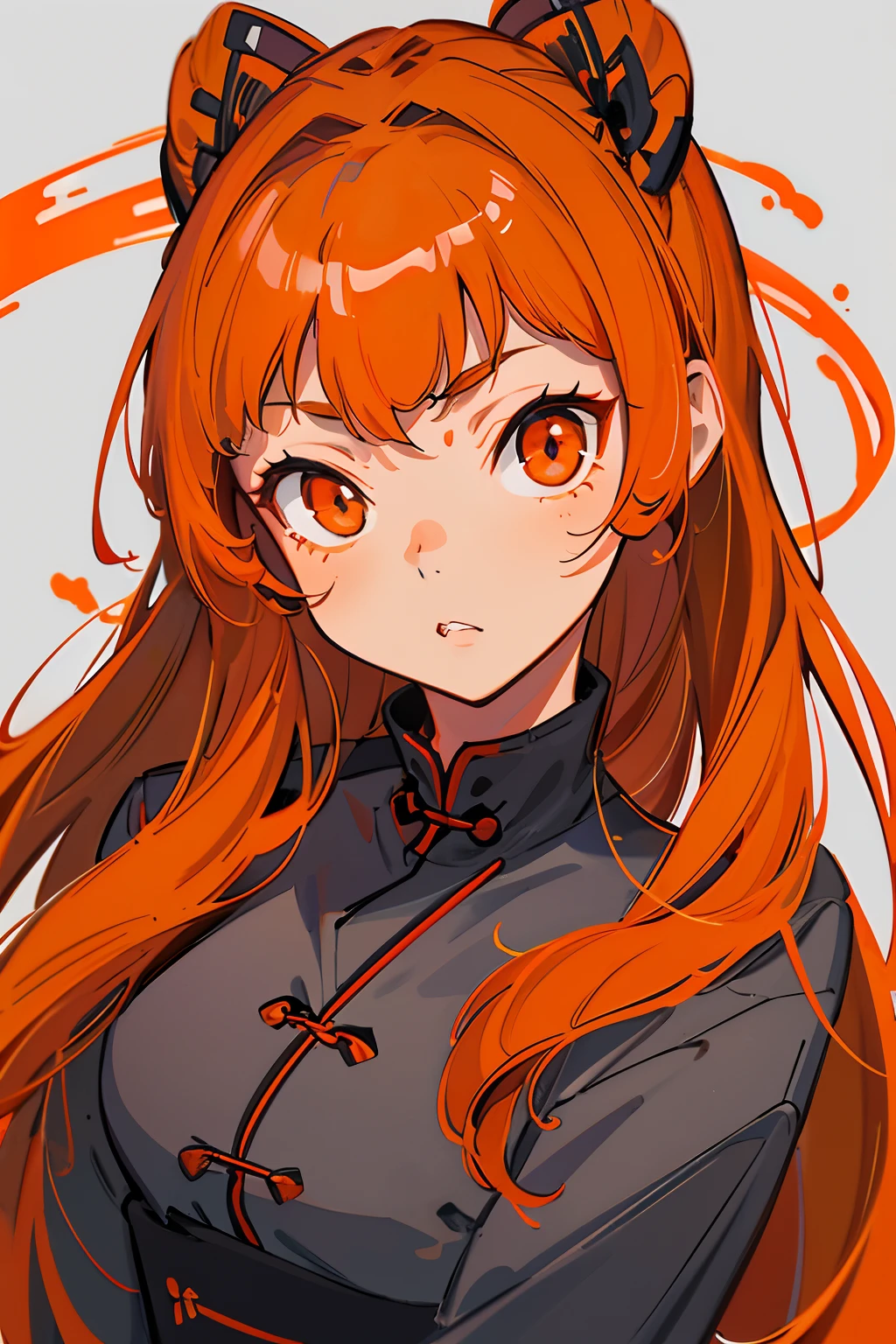 Well drawn eyes, Carefully drawn face, A detailed eye, well detailed face, Chinese, Demon, Eyes ember, Eyes without pupils, White hair, Dark orange hair, Four protuding teeth, Orange flame markings on cheeks, Demon slayer, Body Bandages, Grey skin, Haori, Dark orange haori, Female samurai