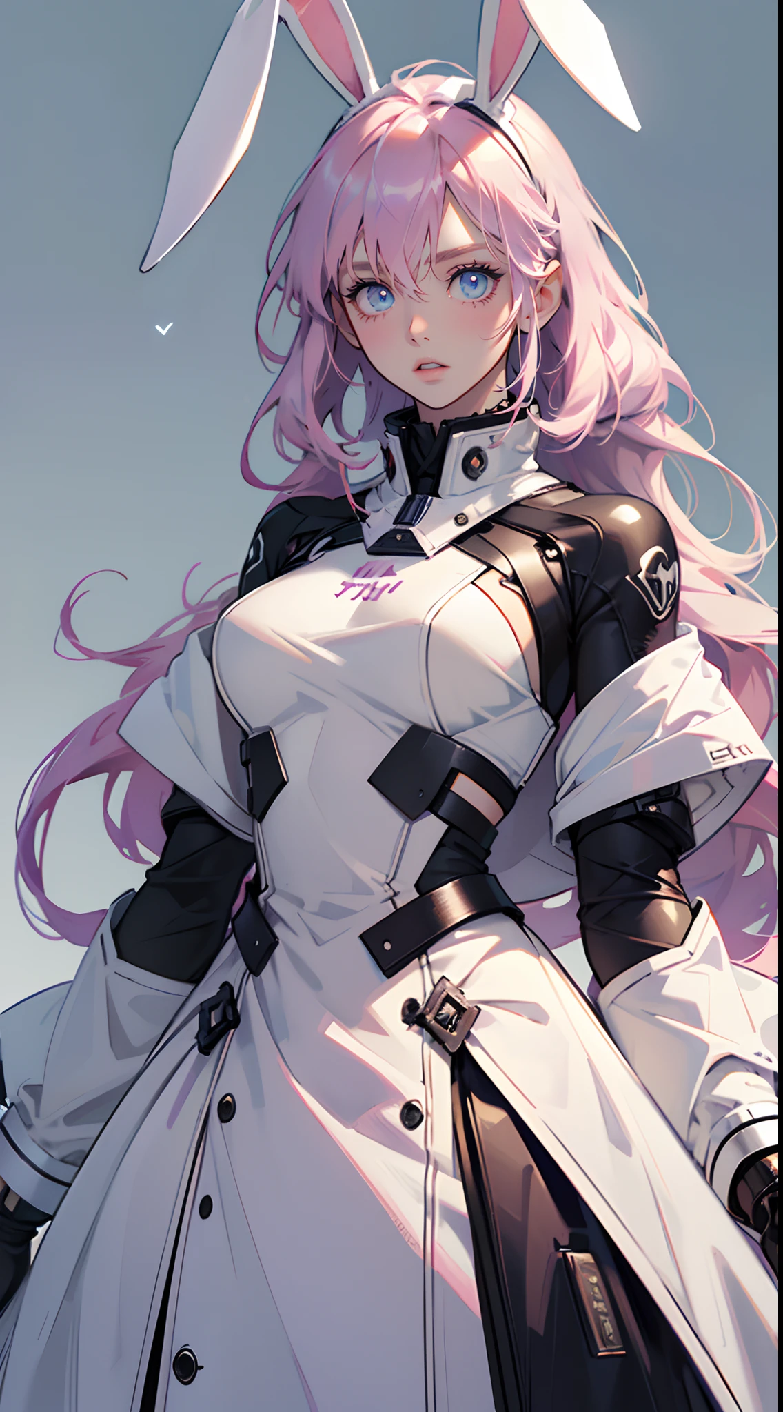 Kawaii , pretty girl , ((has white bunny ears:1)), very pale skin, pink blush , extremely long hair , purple hair , short , long eyelashes, red eyes , age 22,
(masterpiece:1.3), (best quality:1.3), high-resolution, watercolor pencil, Head-on angle, upper body, Body facing forward, (upright:1.3), (arms at sides:1.3), solo, blue eyes, beautiful detailed eyes, Futuristic clothing, mechanical suit, (white background:1.2), simple background, concept art, shadowlighting,
(masterpiece, best quality:1.3),beautiful detailed glow,best illuminate,(((best quality,textile shading,ultra detailed))),extremely detailed CG unity 8k wallpaper,Highly Detailed beautiful and aesthetic,best light,high resolution,detailed,dynamic lighting , 1Character , pastel washed out colors , cell shade , soft, muted shades ,gentle colors ,