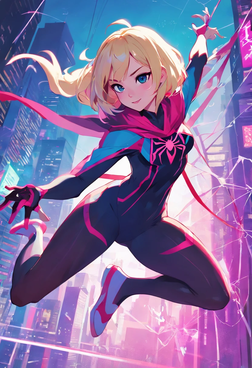 spider-gwen wearing traditional spidergwen costume, web-swinging