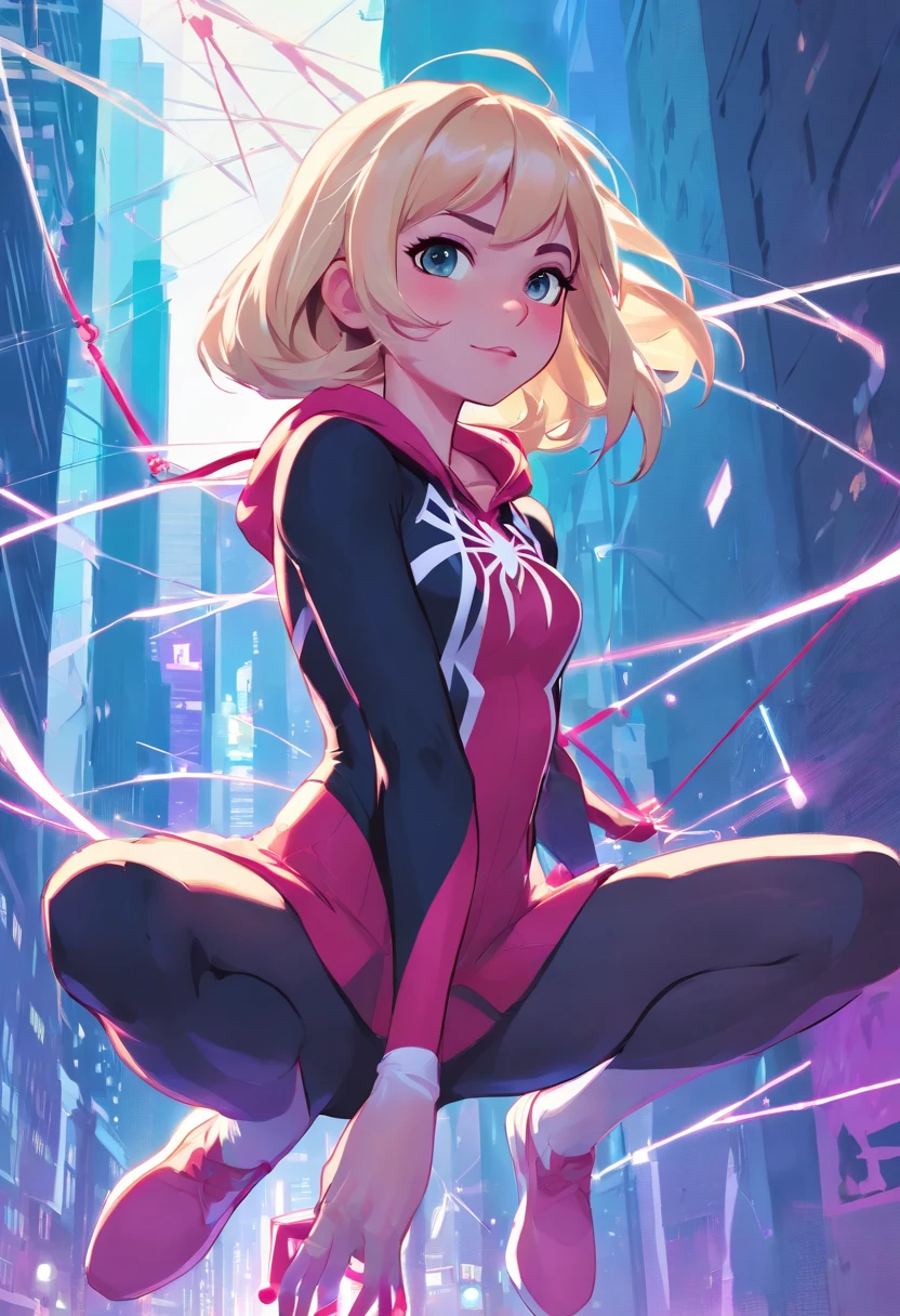 spider-gwen wearing traditional spidergwen costume, web-swinging