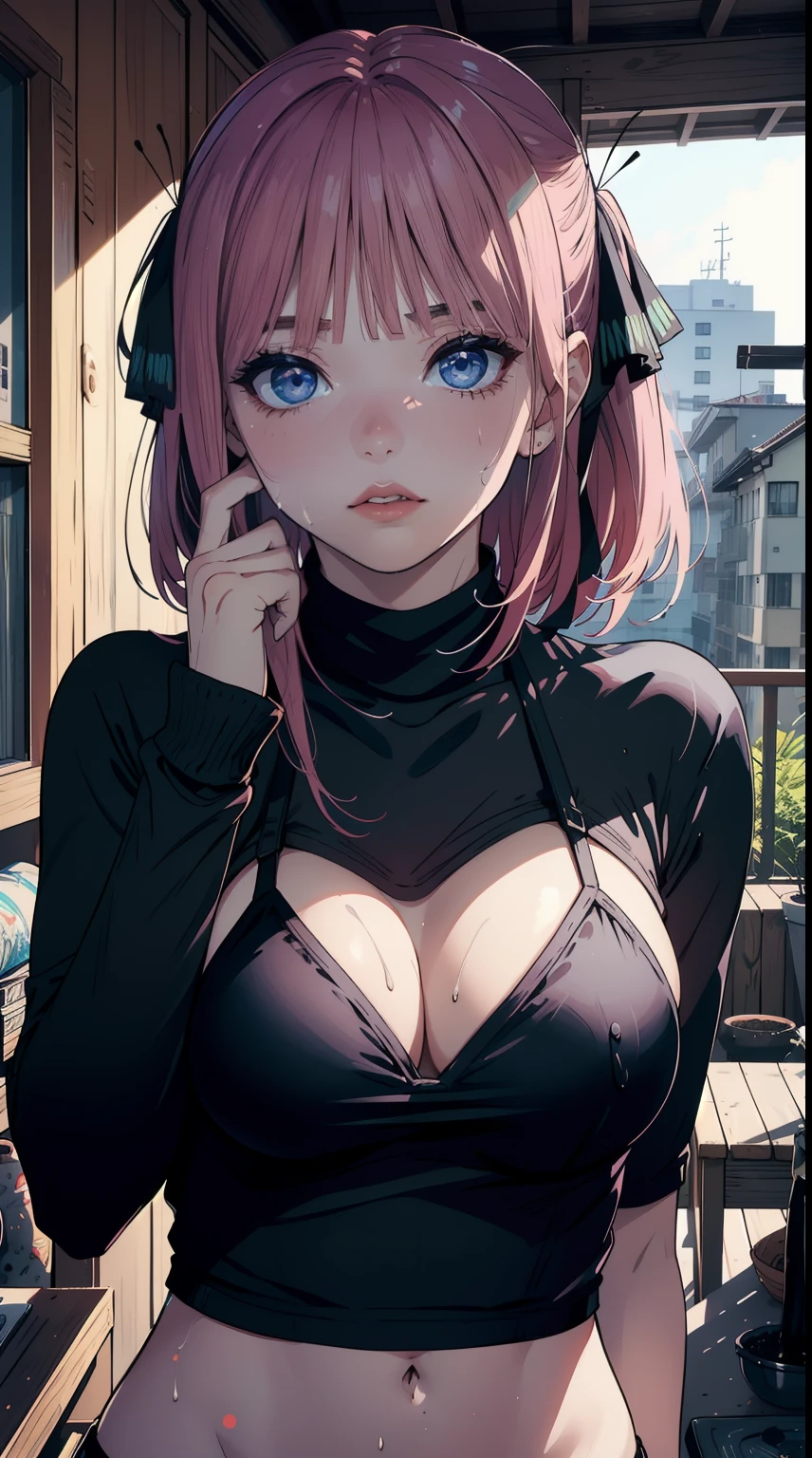 dinamic poses, bikini, big tits, ultra detalhe, mama grande,Olhando para o Viewer, Qualidade Superior, master part,detalhe do rosto, ao ar livre, Qualidade Superior, sorrir, Ourivesaria, elegante, corar, Noite:1.5, turtleneck crop top, umbigo, pacote de seis, Metas corporais:1.5, ornamento de cabelo, Tokyo City:1.5, 1Feminino,(Muito detalhado CG unidade 8k papel de parede),melhor qualidade,Cinematic lighting,Antecedentes detalhados,belos olhos detalhados,pupila brilhante,red lip(Muito fino e bonito),(Beautiful and detailed eye description),Ultra - Detalhado,master part,), clivagem exposta, calcinha preta, ombro nu, axila exposta, sweating, a hand behind the head