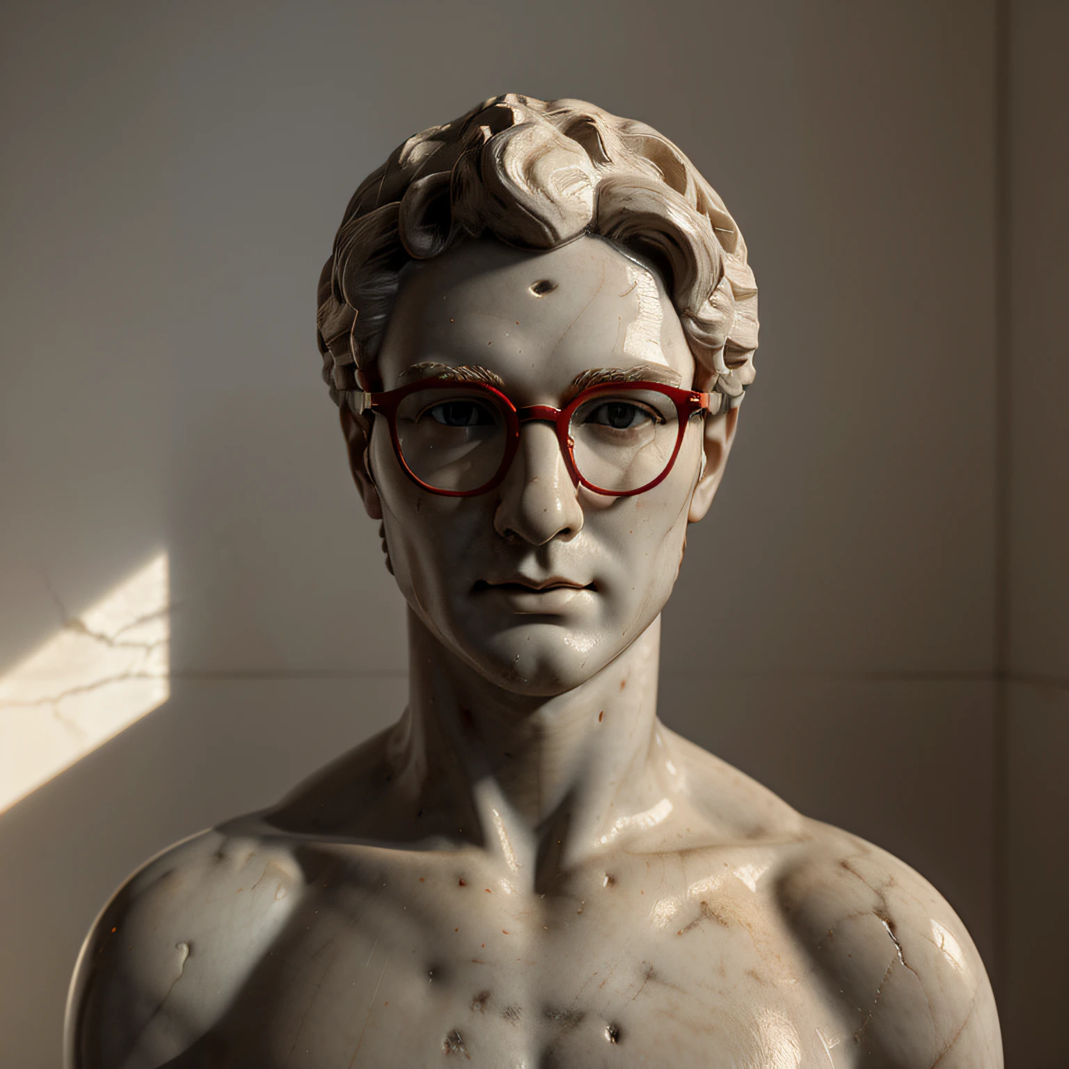 A close-up of a marble sculpture of Head of Michelangelo's David with 3d red glasses, illuminated by a frontal spotlight against a white background. photorealistic