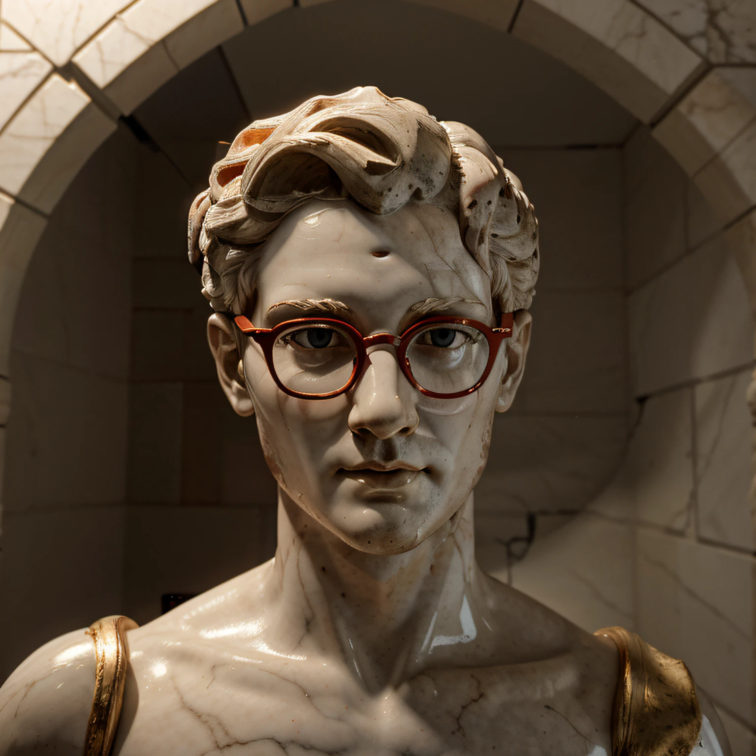 A close-up of a marble sculpture of Head of Michelangelo's David with 3d red glasses, illuminated by a frontal spotlight against a white background. photorealistic