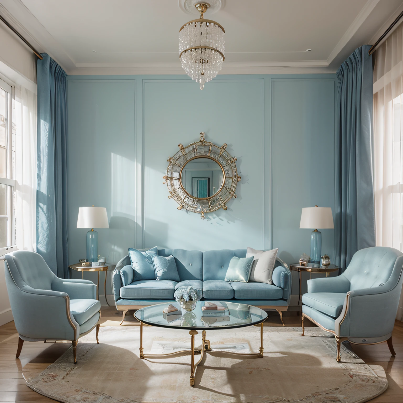 luxury futuristic style living room decorated in white and blue pastel color, photorealistic