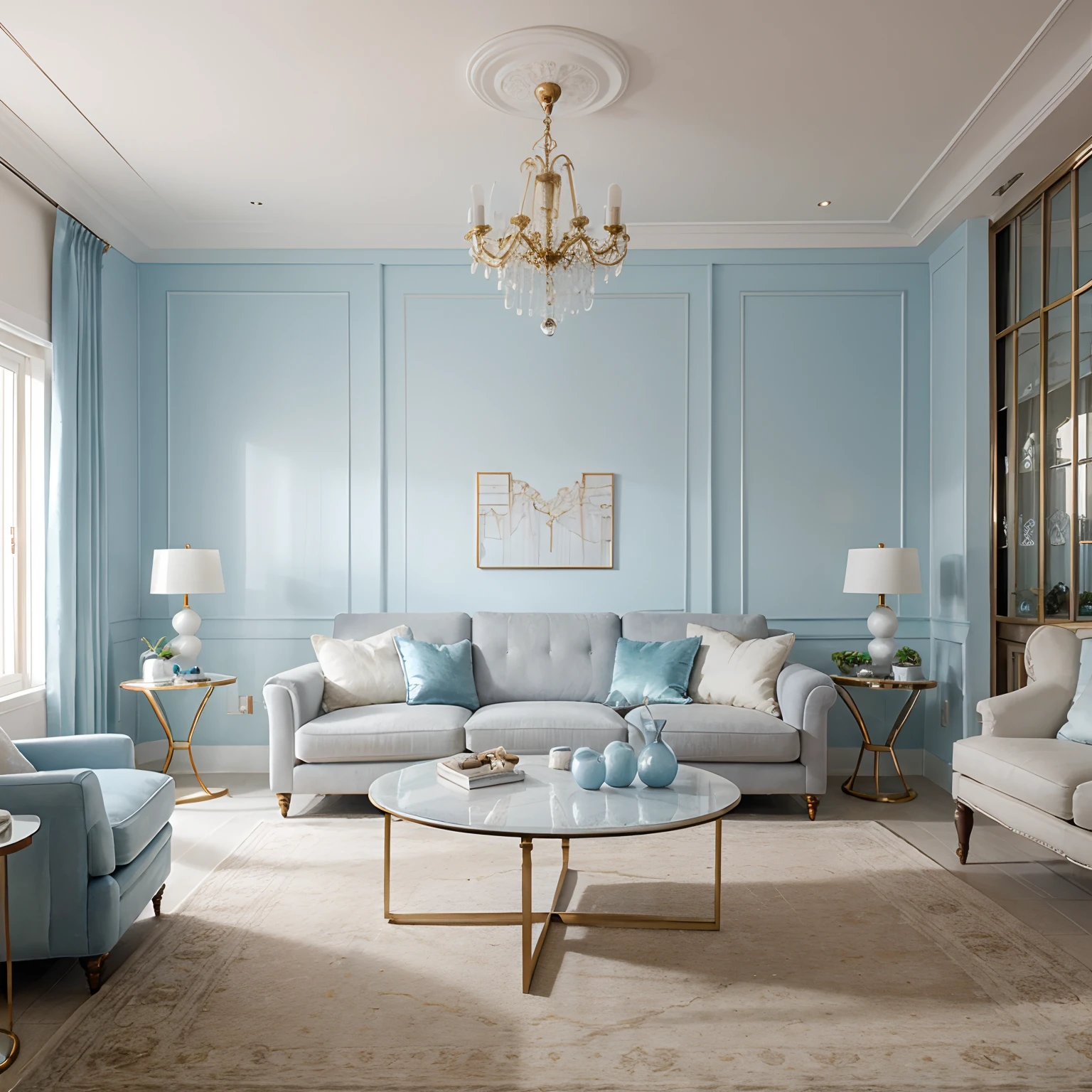 luxury futuristic style living room decorated in white and blue pastel color, photorealistic