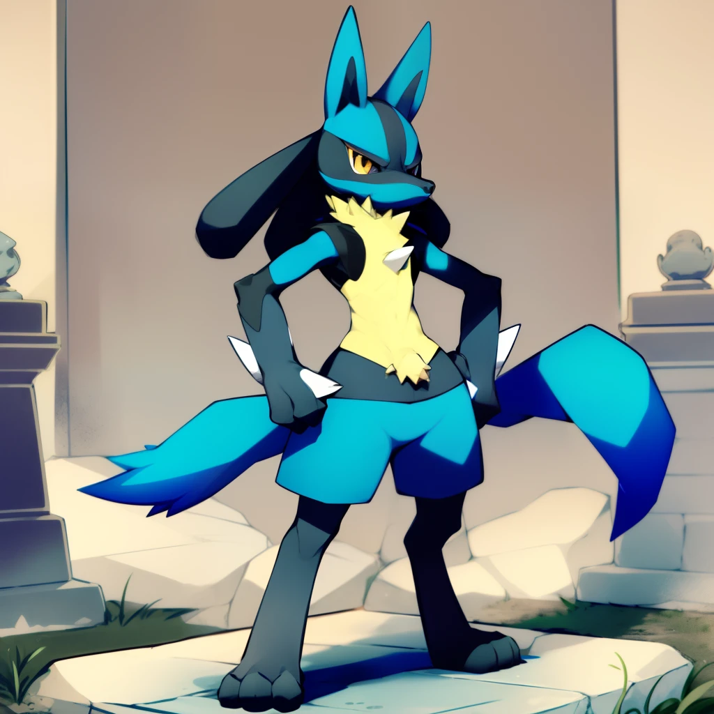 Lucario standing on a yellow wooden wall, stone statue,Unified in gray,Detailed, spikes, Soft smile, tusk, wolf, Medium muzzle, A pokémon,