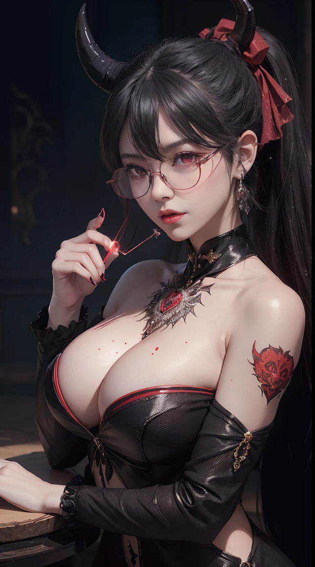 Fine、(The best illustrations)、8k UHD resolution、intricate-detail、top-quality、realisitic、ultra-detailliert、The best lighting、Best Shadows、Soft lighting、Ulutra HD、Ultra-realistic、Tindall Effect、Photorealsitic、(High Detail Skins:1.2)、 (Intricate details, makeup, pureerosface_v1:0.5), (Detailed beautiful delicate face, Detailed beautiful delicate eyes, A perfectly proportioned face, High detailed skin, Detailed skin, best ratio four finger and one thumb, arms below breasts, Tattoo with a red glow under the stomach、Awesome awesome, wide hips, smooth midriff, skiny and thin, __Fashion__, __hair__:1.25)、Digital SLR、 absurderes、1 beautiful devil woman from hell, surreal female portraits by David Hockney and Alphonse Mucha, Portrait of a seductive woman、Fantasy Art, Chinese Doll、Chinese actress、Dungeon、The dragon、Devil's Palace、Devil's Torture Chamber、natta、Dark style 、In the Dark、(Detailed spooky backgrounds:0.8), magia、 1人、Evil Nun、Dark Necromancer、Succubus、Devil's Daughter、Umi Shinonome、Bat Wings,(((Demon Horns)))、 ((((Huge glasses, Otaku Glasses, thick glasses, Round glasses)))),(((Colossal tits)))、(Devil's Tail)、(red eyes glowing:1.6)、red eyes make up very sharp and detailed, The eyes are very well made up, ((Red Eye:1.0)),intricate tattoos, demonic intricate tattoos, thigh tattoos, body tattoos, masterpiece、The most beautiful face、a baby face、Charming smile、plump beautiful red lips、Muscular seductive body、The enchanting body of the devil、devil style、Seductive Black Magic Costume、The long-haired、Braids、Black hair、Ponytail distortion、, Ponytail with a bow tied at the back of the hair, Beautiful expression、Body Up、Large breasts emphasis、Bust, Super tight breasts, Breast augmentation surgery, The breasts are very big and round and round,Toned waist、Wide buttocks、 lowkey, cowboy lens, (Black Phoenix Dress: 1.0), devil crown, Red sparkling gemstone necklace、Jewelry Gwise, wearing black mesh socks,Wear light red、nffsw, nffsw, Meet beautiful girls, Look at the girl's body,