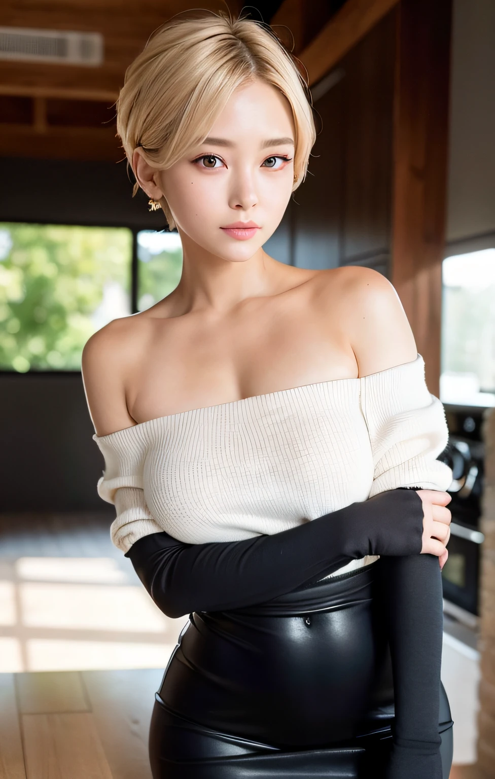 masterpiece, top quality, official art, highly detailed CG unity 8k wallpaper, single girl, ultra high definition, (photorealistic: 1.4), golden hour lighting, sweater dress, (upper body), (Kpop Idol), (charming: 1), (platinum short hair: 0.8), ((puffy eyes)), looking at the viewer, facing forward, smiling, laughing,middle chest, Shirt Lift, Gloves, Short Hair,