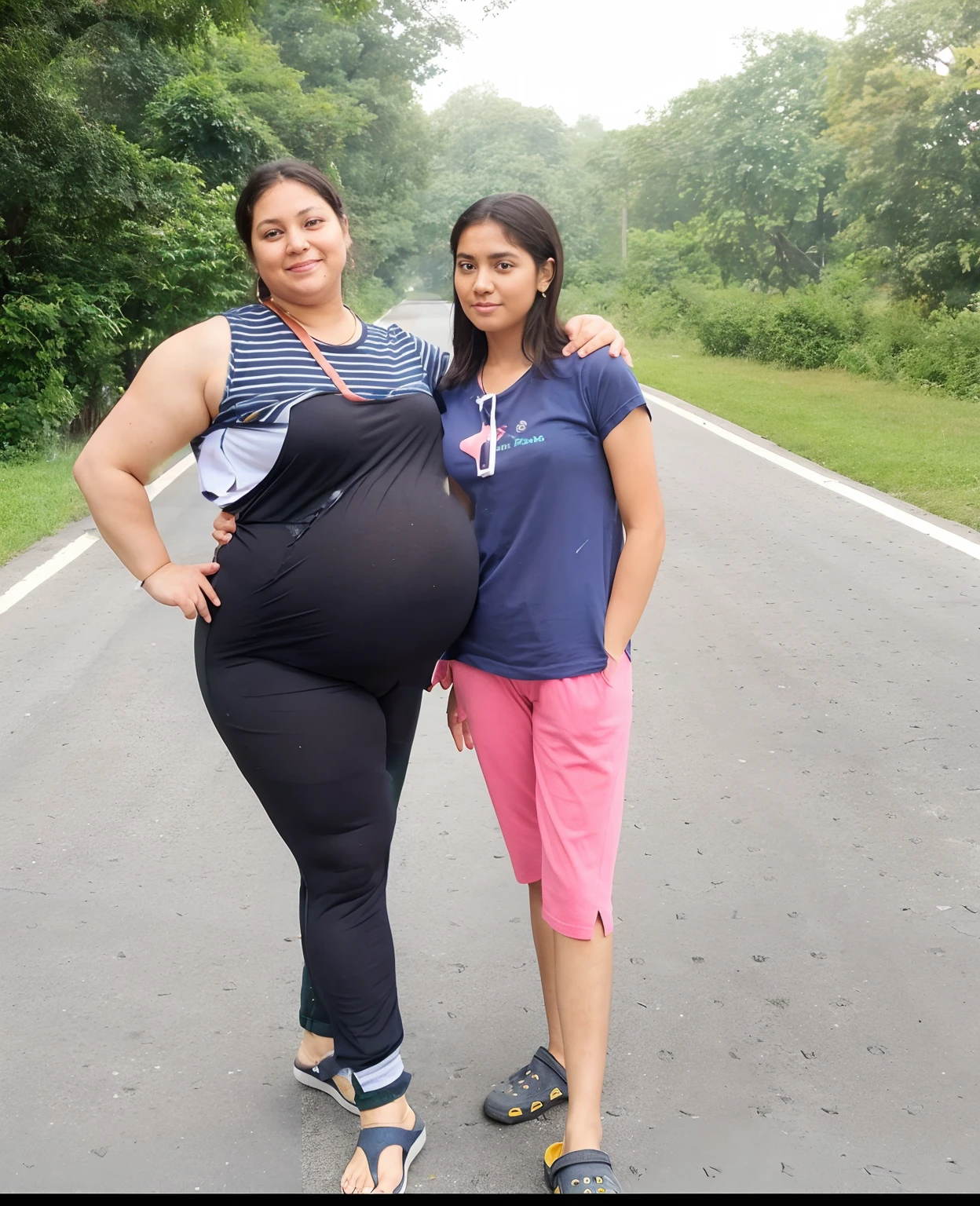 pregnant woman in blue top and black leggings standing on a balcony, pregnant belly, pregnant, 3 5 year brazilian mother, gravidez, her belly is fat and round, Mulher de 30 anos de Cuba, Latim, shaquille o'neil pregnant, barriga saltitante, sentimento de maternidade, her navel is exposed, barriga, barriga exposta, Posando!! AVATAR