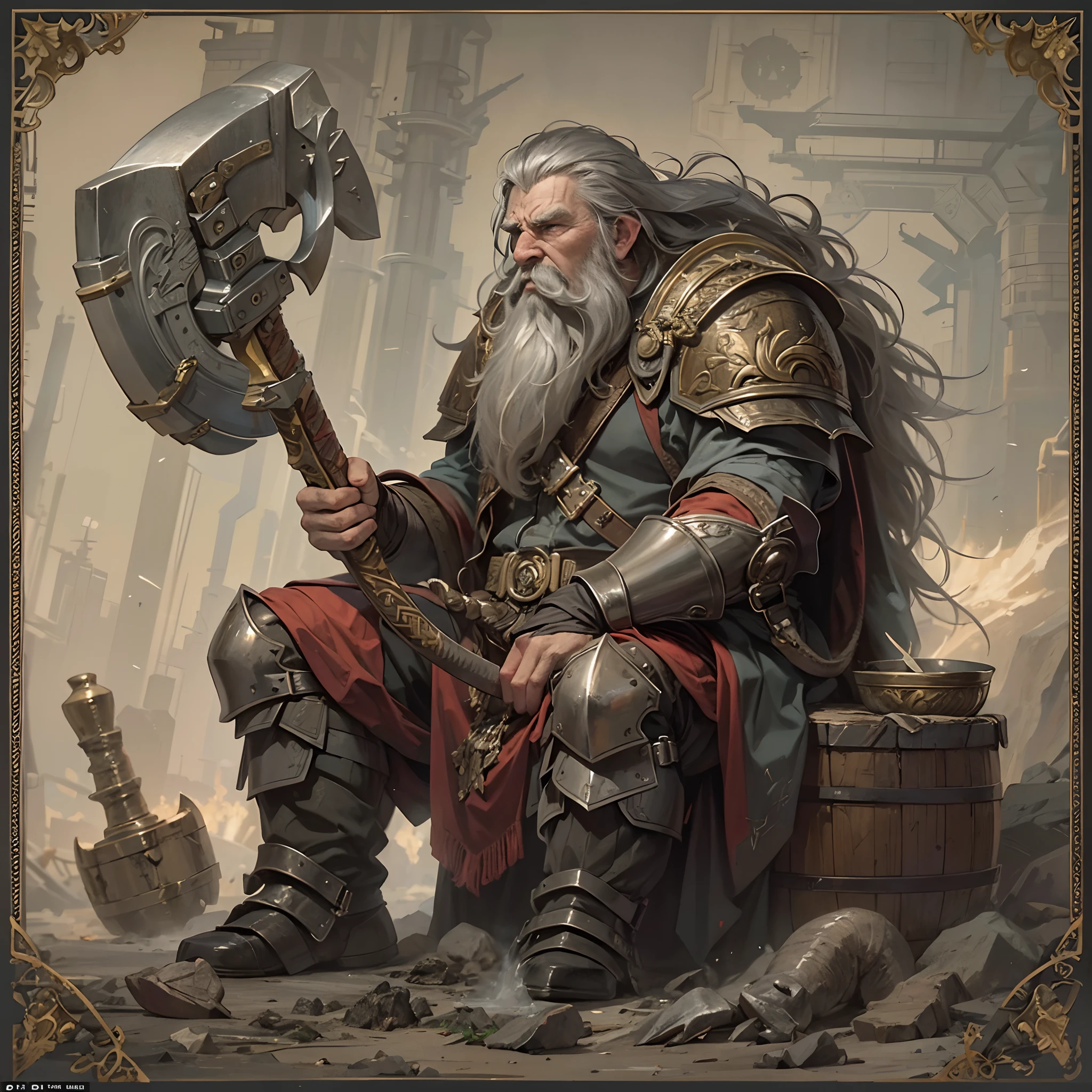 a dwarven warrior inspired by vikings that has travelled continents, is age shows wisdom and his build show signs of battles with sea serpents, giants and everything else the gods could imagine, he sits on a barrel of gunpowder, he holds a dubble edged ancient legendary axe, in the background it is shown that he owns a shipyard and five magnificent elephants, and he is the thane of a floating island, he wears half-plate armor and his hair is old gray with patches of brown, the image is tinted like a old treasure map, a memorial portrait