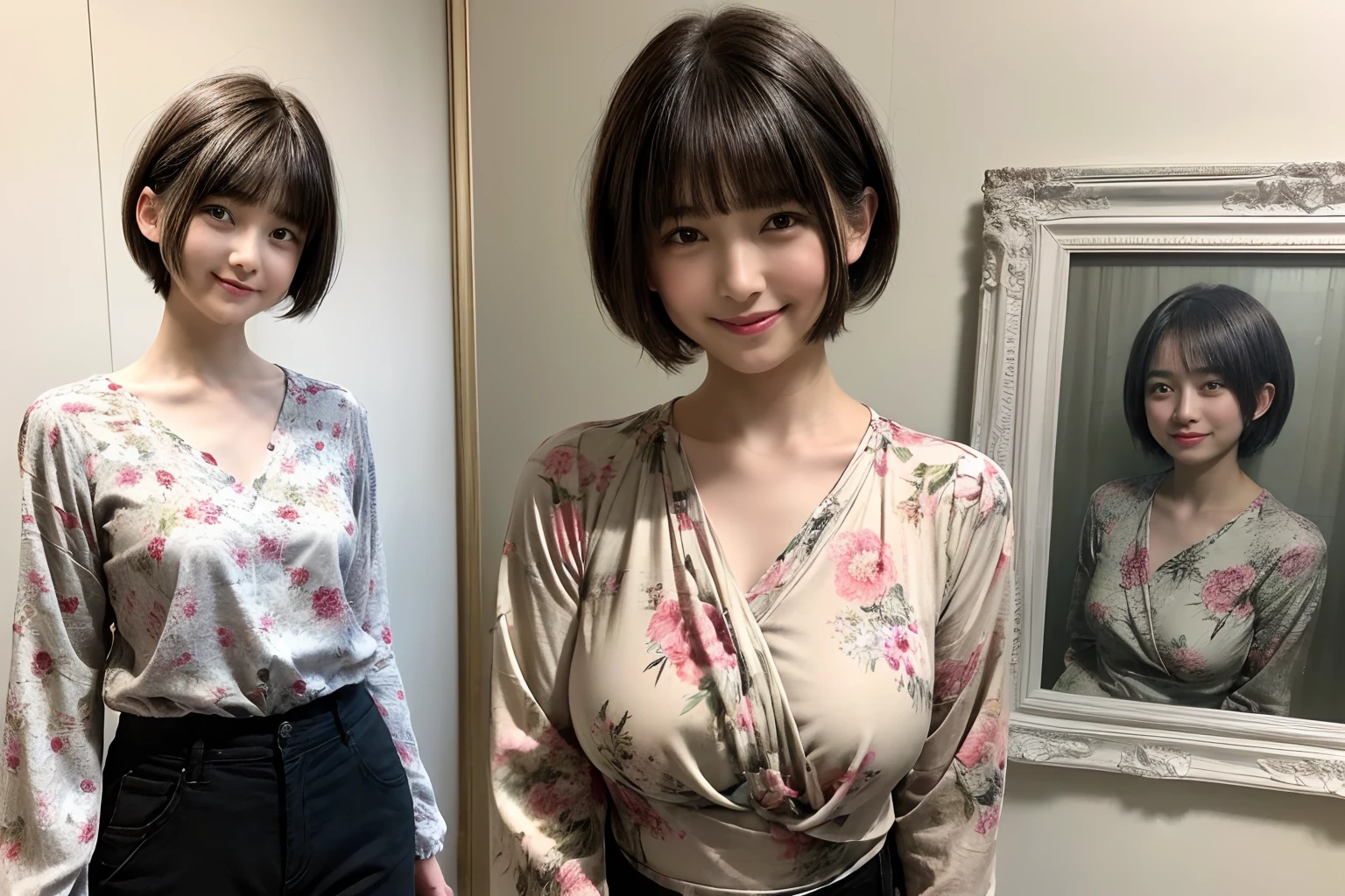 92
(a 20 yo woman,is standing), (A hyper-realistic), (masutepiece), ((short-hair:1.46)), (Smooth black hair), (Breast:1.0), wear long pants, (Wearing a long-sleeved shirt with a floral print), (painterly、picture frame), (kindly smile), (Keep your mouth shut)