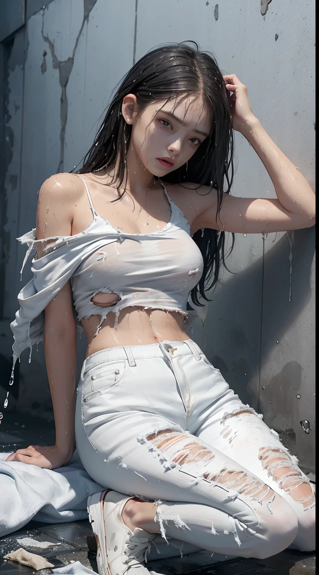 best image quality, masterpiece, super high resolution, (fidelity:1.4), photo, 1 girl, white shirt, torn jeans, white sneakers, dim, darkness, despair, pity, poor, movie, tears, teardrops, (torn clothes:1.5), (wet clothes:1.4), bare shoulders, real rain, wet hair,..