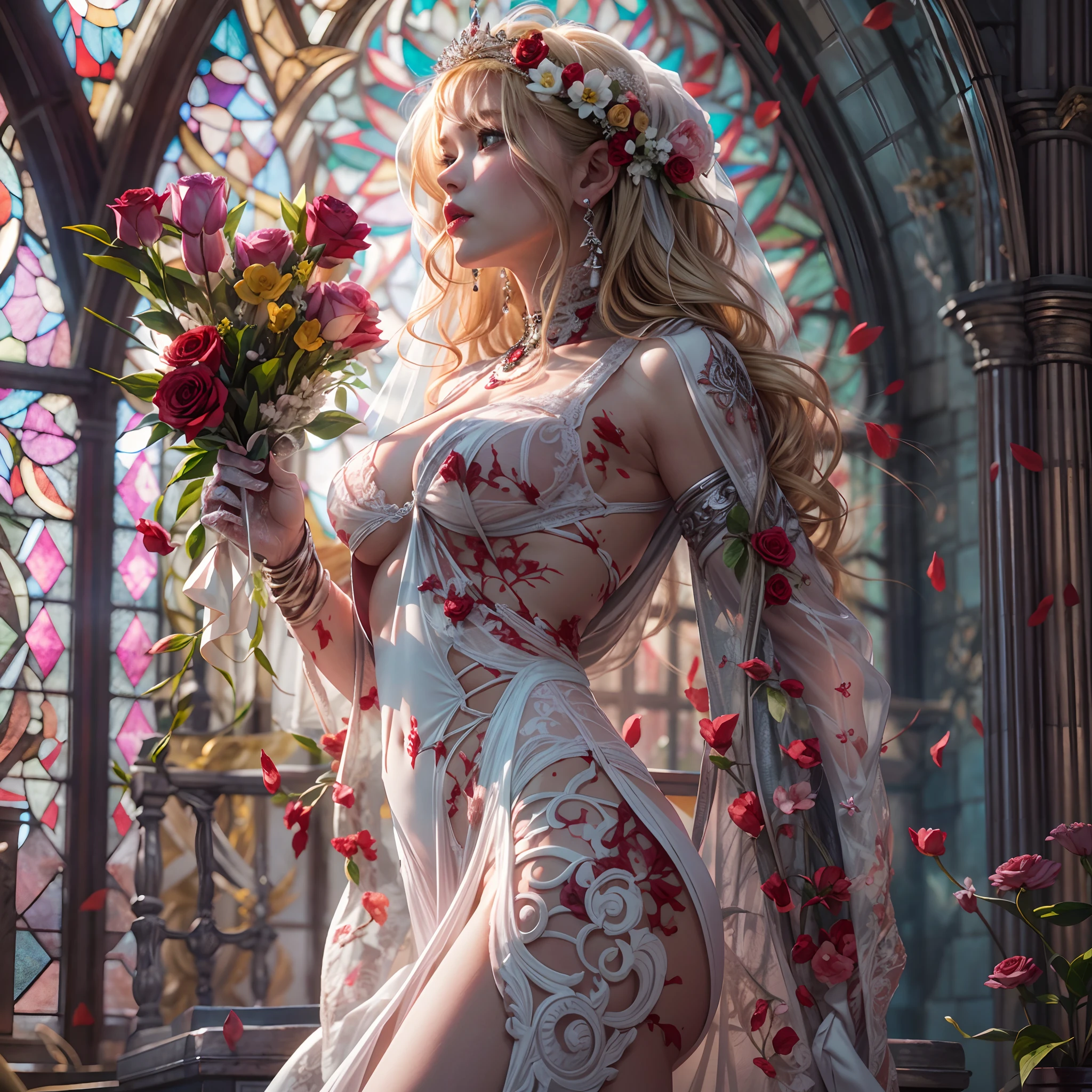 { wide-angle | FullBody:1.2 | Dynamic-angle | Ass focus }, (Whole Body proportions and all limbs are expressed in anatomical precision),(((masutepiece:1.25))), 8K highres, { Physically-based rendering | White and Vivid colors | Zoom Layer }, { (((Photorealistic:1.37)))| (F/4.0, canon) }, (Detailed glistening skin), Detailed face and eyes, { ((Beautiful bride goddess))|(Brilliant Red shiny Ruby accessories) | earrings | Ruby ring | Delicate white lace knitted see-through wedding dresses | Flowers | Floating hair| Random hair color | Blonde hair }, { (Mystical sight) | God rays |((colorful Light shines through stained glass:1.2)) }, { Gigantic Cleavage:1.37 | Overflowing | Biomechanical HUGE and HEAVY boob | Underboob |(Navel)| Bleeding from pussy | Dripping blood from crotch | (Blood stained crotch) | Menses | Ass focus }, { (Praying) | bloody hand | (Delicate and feminine hands expressed in anatomical precision) | White elbow_gloves | no Dutch angle }, (((no extra limbs)))