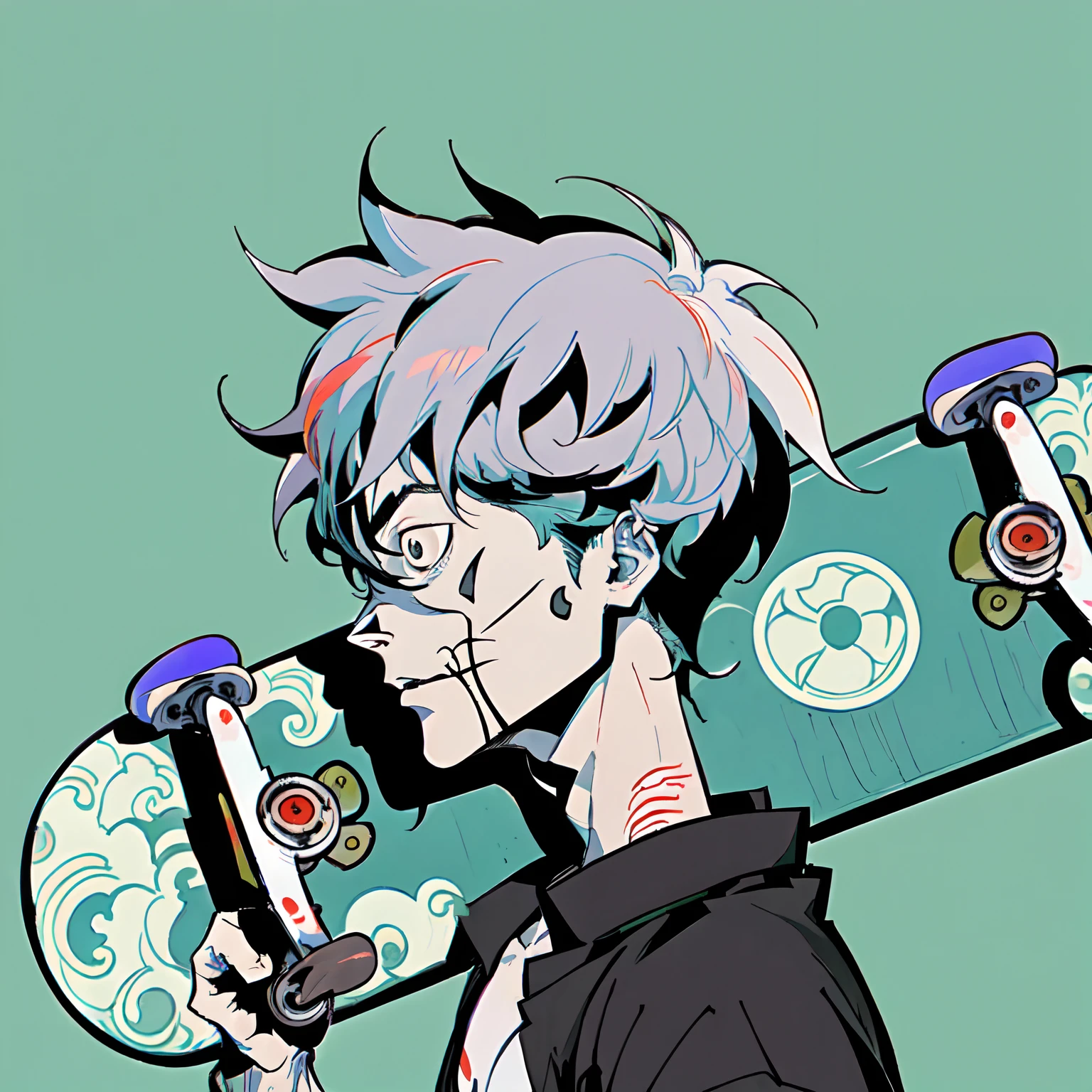 anime boy, holding a skateboard in his hand, ((2d anime style)), inspired by Okumura Togyu, inspired by Akihiko Yoshida, inspired by Kamisaka Sekka, danny phantom, kentaro miura manga art style, in the style of sachin teng, trigger anime artstyle, kentaro miura art style