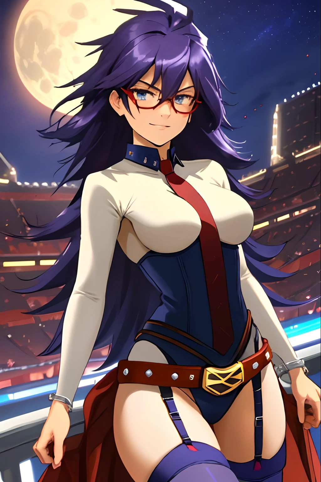 (extremely detailed CG unity 8k wallpaper), masterpiece, (best quality), (ultra-detailed), (best illustration), (best shadow), stadium, night, moonlight. 1girl, midnightmha, boku no hero academiam, purple hair, very long hair, blue eyes, large breasts, collar, white bodysuit, domino mask, thighhighs, black thigh boots, handcuffs, belt, garter straps, red gems, smirk