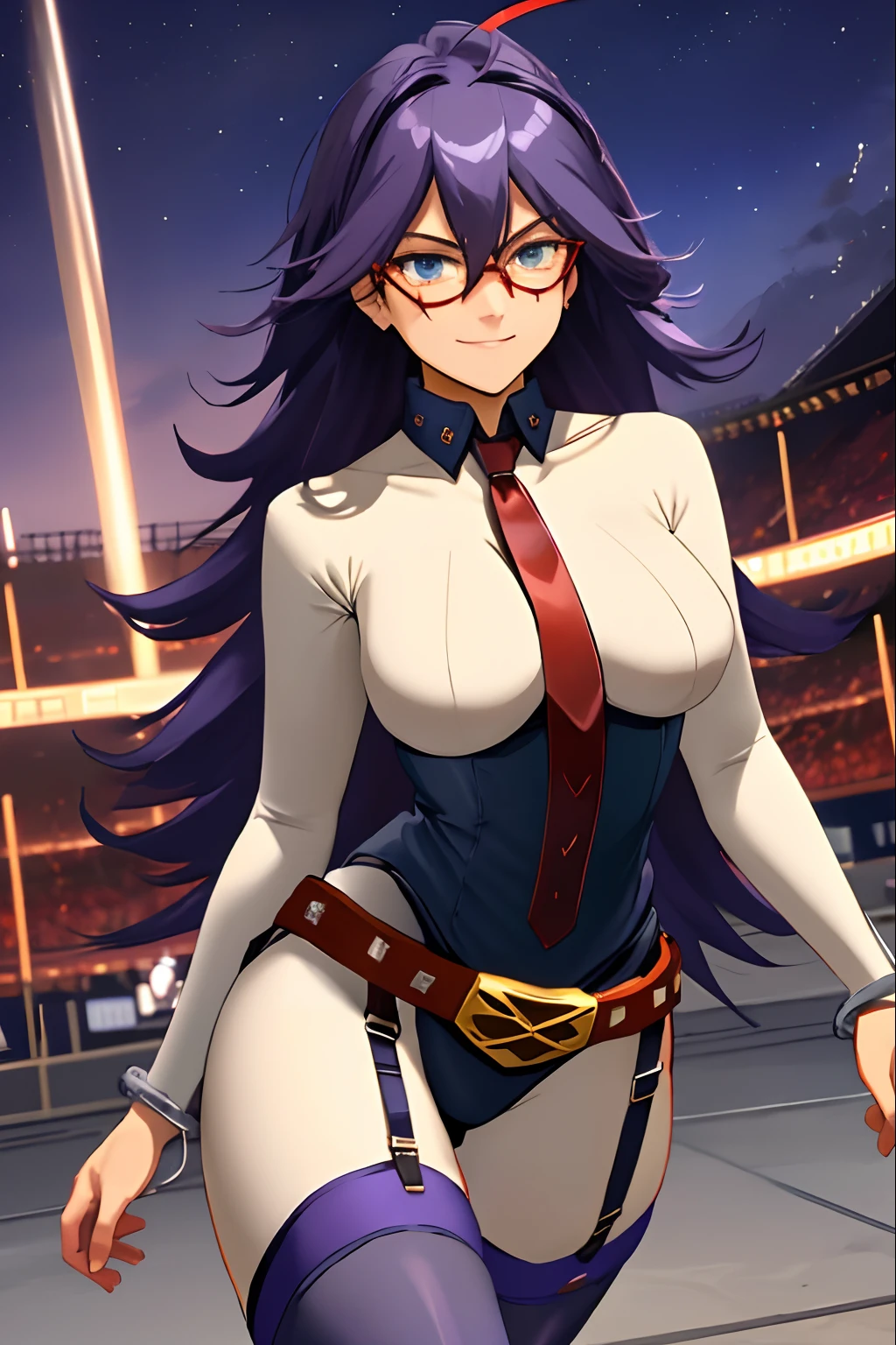 (extremely detailed CG unity 8k wallpaper), masterpiece, (best quality), (ultra-detailed), (best illustration), (best shadow), stadium, night, moonlight. 1girl, midnightmha, boku no hero academiam, purple hair, very long hair, blue eyes, large breasts, collar, white bodysuit, domino mask, thighhighs, black thigh boots, handcuffs, belt, garter straps, red gems, smirk