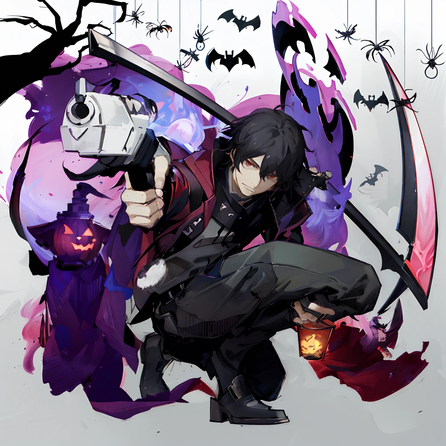 anime boy l with a large scyther in a dark forest, detailed key anime art, handsome guy in demon slayer art, Black long hair, metalhead boy, inspired by Okumura Masanobu, light novel cover art, key anime art, zhongli from genshin impact, detailed anime character art, shigenori soejima illustration, vampire boy, scythe in hand, pale skin, halloween