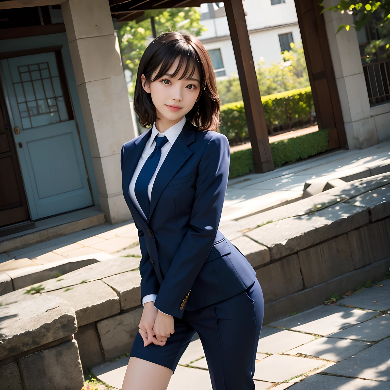(masutepiece, Best Quality:1.2), 8K, Official art, Full body photo, full body Esbian、Emma fastening her tie.trouser、Cute smile、feet shoulder-width apart、slender and neat legs、Standing、A dark-haired、years、small tits、A delightful、A smile、unbelievable Ridiculous, (Upper body, Dark blue suit:Cute Tie 1.4), Beautiful Girl, Pretty Face, arching back down, cute butt、Gold hair ornament on hair、Wearing a cute suit、Decide on a pose、close up, Wearing a suit, Short sleeve, gardenia, violaceaess, Teen, mysterious background, Looking at Viewer, Film grain, chromatic abberation, Sharp Focus, face lights, Dynamic lighting, Cinematic lighting, Eyes and faces with detailed, Bokeh background, (Tie with Emma written on it、1 copy:1.2)