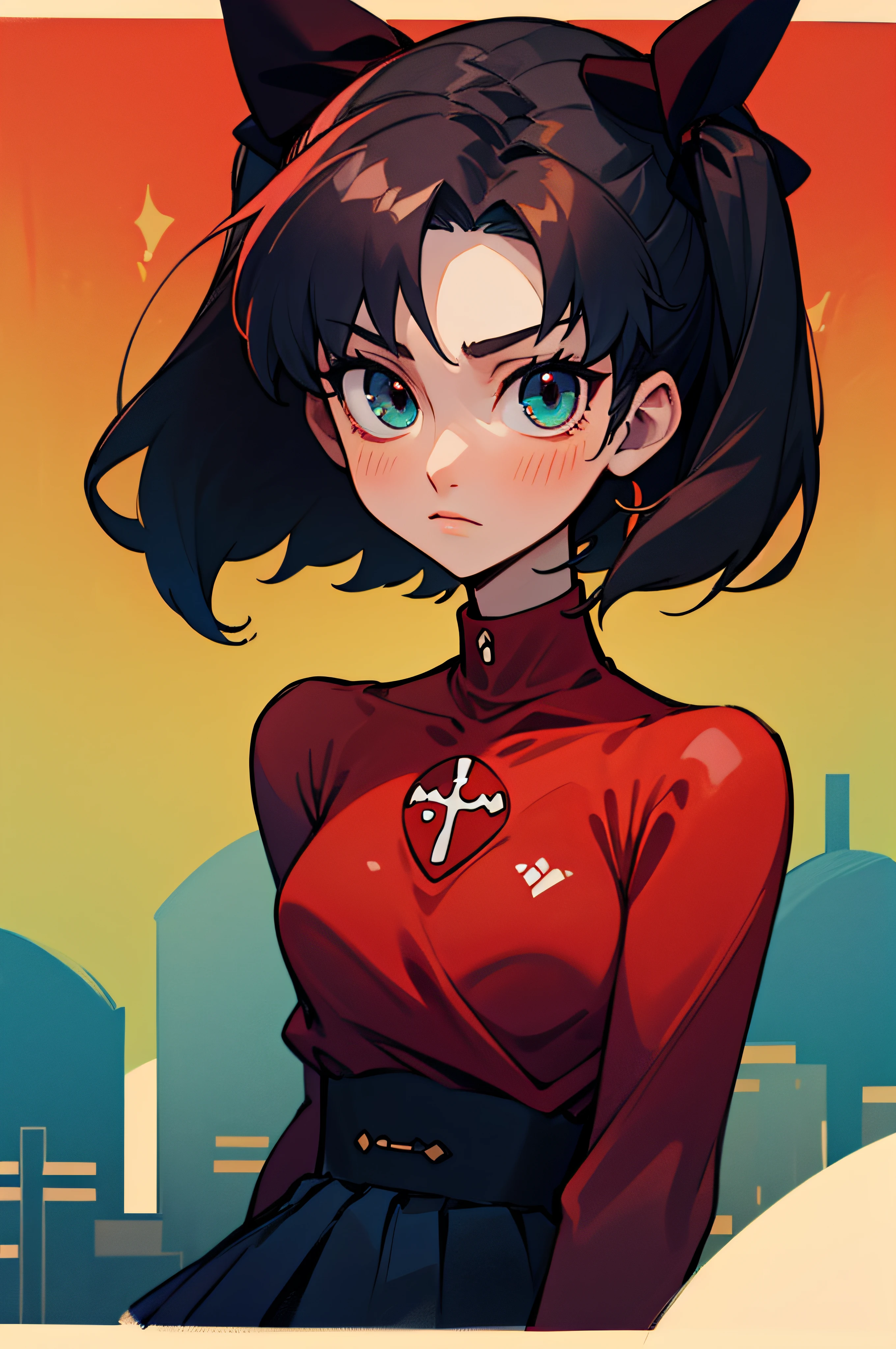 (masterpiece), best quality, expressive eyes, perfect face, 1girl, solo, rintohsaka, rin tohsaka, aqua eyes, black hair, hair ribbon, long hair, ribbon, sidelocks, two side up, black skirt, black thighhighs, long sleeves, miniskirt, pleated skirt, ((red sweater)), skirt, sweater, thighhighs, turtleneck, city background, sitting, character sheet, upper body, portrait, looking at viewer