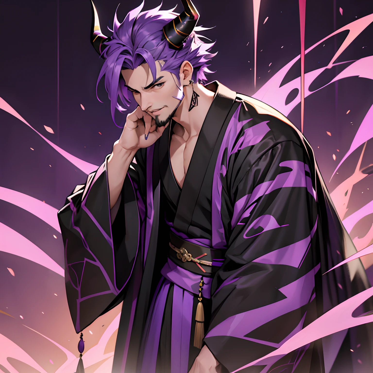 Purple haired man, tall, purple horns, black kimono, goatee, 1 person, male, boy, male, 24 years old, scruffy