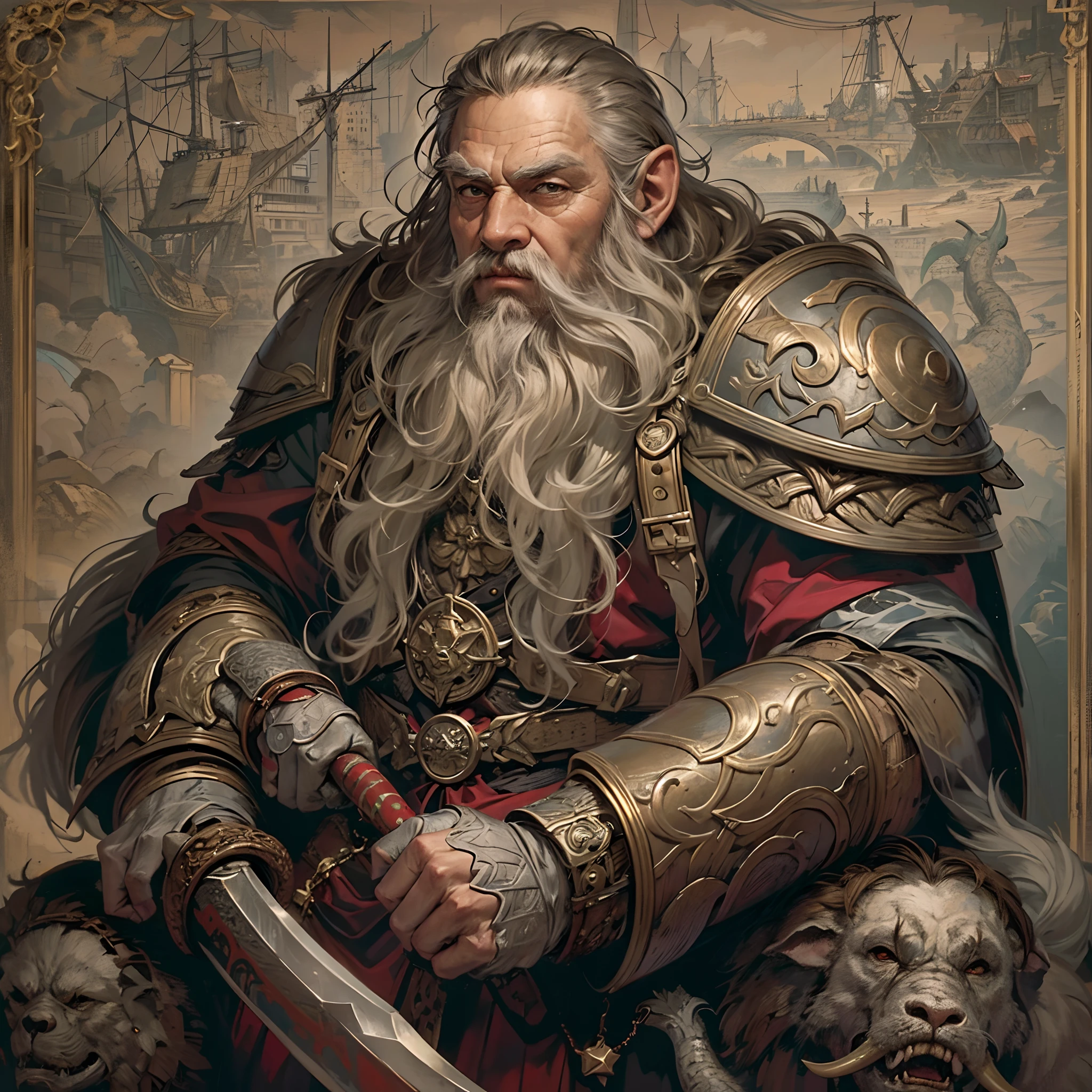 a dwarven warrior inspired by vikings that has travelled continents, is age shows wisdom and his build show signs of battles with sea serpents, giants and everything else the gods could imagine, he sits on a barrel of gunpowder, he holds a dubble edged ancient legendary axe, he owns a shipyard and five magnificent elephants, and he is the thane of a floating island, he wears half-plate armor and his hair is brown with patches of white, the image is tinted like a old treasure map, a memorial portrait.
