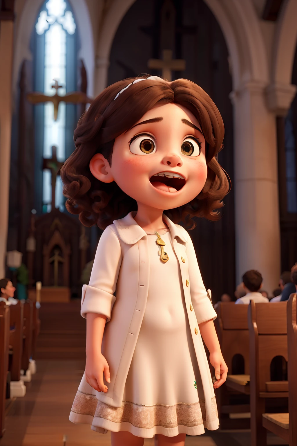 uma de cabelo cacheado, cantando na igreja