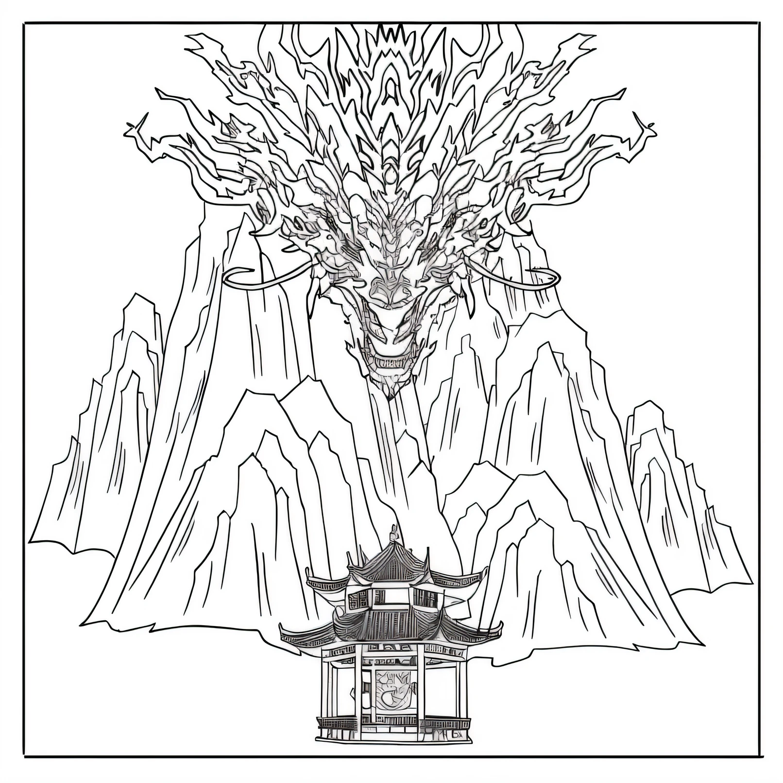 A drawing of a dragon with a mountain as a background, asura from chinese myth, majestic japanese dragon, dragon blowing fire above, extremely fine ink lineart, coloring page, mantis head monster god temple, ''dragon breathing fire, inspired by Kaigetsudō Anchi, detailed line art, inspired by Sōami, Akira in Chinese mythology