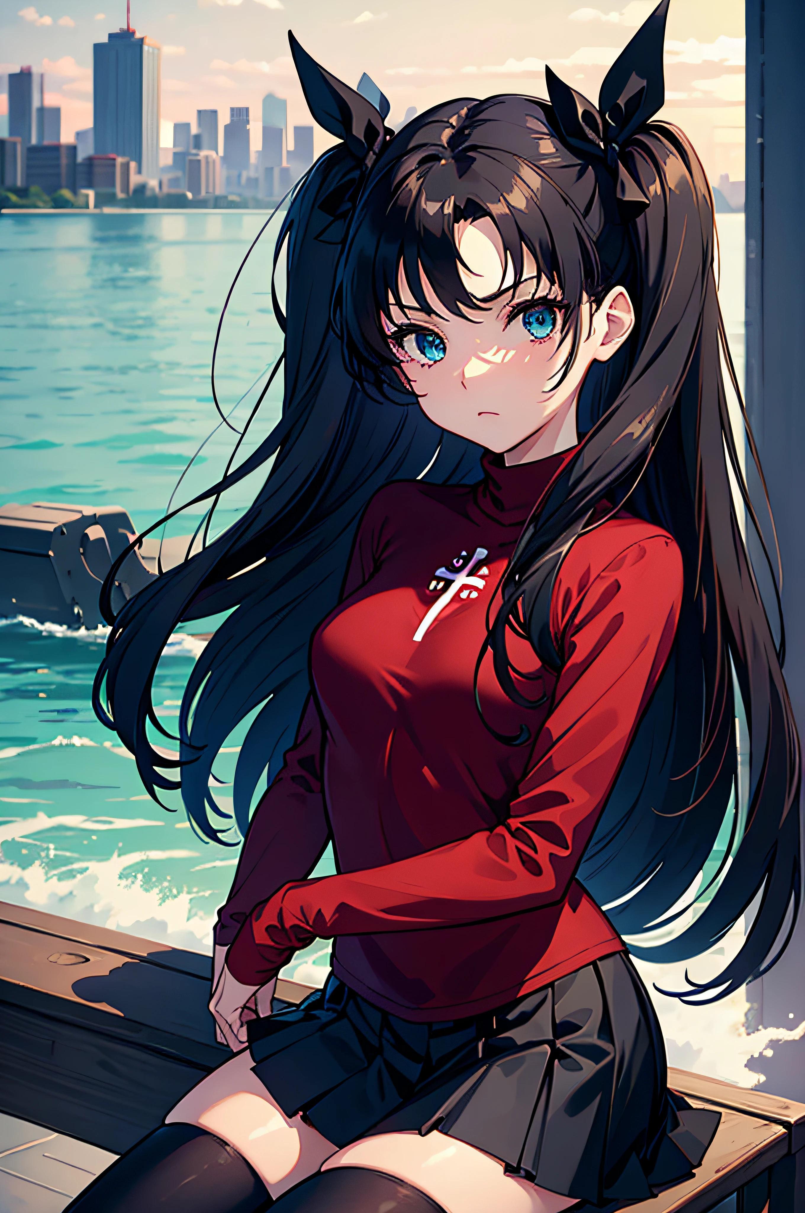 (masterpiece), best quality, expressive eyes, perfect face, 1girl, solo, rintohsaka, rin tohsaka, aqua eyes, black hair, hair ribbon, long hair, ribbon, sidelocks, two side up, black skirt, black thighhighs, long sleeves, miniskirt, pleated skirt, ((red sweater)), skirt, sweater, thighhighs, turtleneck, city background, sitting, character sheet, upper body, portrait, looking at viewer