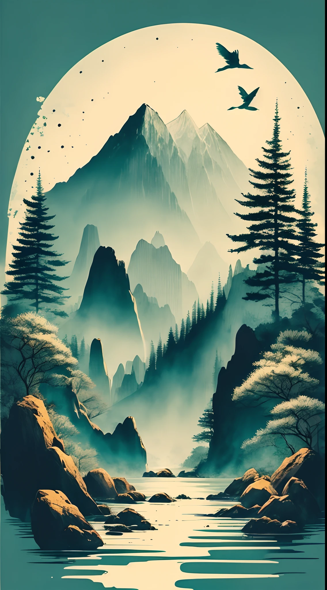 teal background, scenery, ink, mountains, water, trees, (teal theme color:1.2), (hex color #008080)