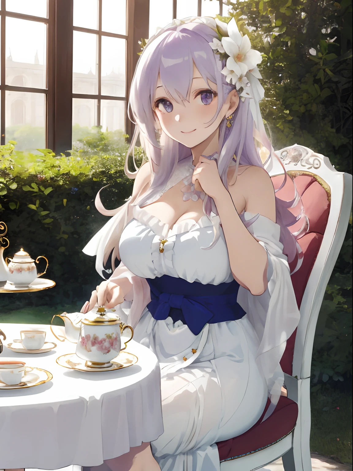 colorful flower々Botanical Gardens in full bloom,White Luxurious Garden Palace (White Luxurious Garden Palace),Garden table and chairs with sculptures,Fluffy pale golden hair,Eyes pale purple,She wears a gorgeous dress in pure white,Shawl made of translucent material on the shoulders,AHE Face,red tide,Pleasant look,Smile on his face,Tea time sitting gracefully in a chair,Luxurious beautiful teacups and tea,afternoon tea,Sweets such as macarons and cakes