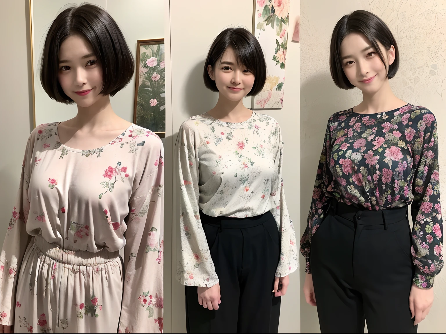 92
(a 20 yo woman,is standing), (A hyper-realistic), (masutepiece), ((short-hair:1.46)), (Smooth black hair), (Breast:1.0), wear long pants, (Wearing a long-sleeved shirt with a floral print), (painterly、picture frame), (kindly smile), (Keep your mouth shut)