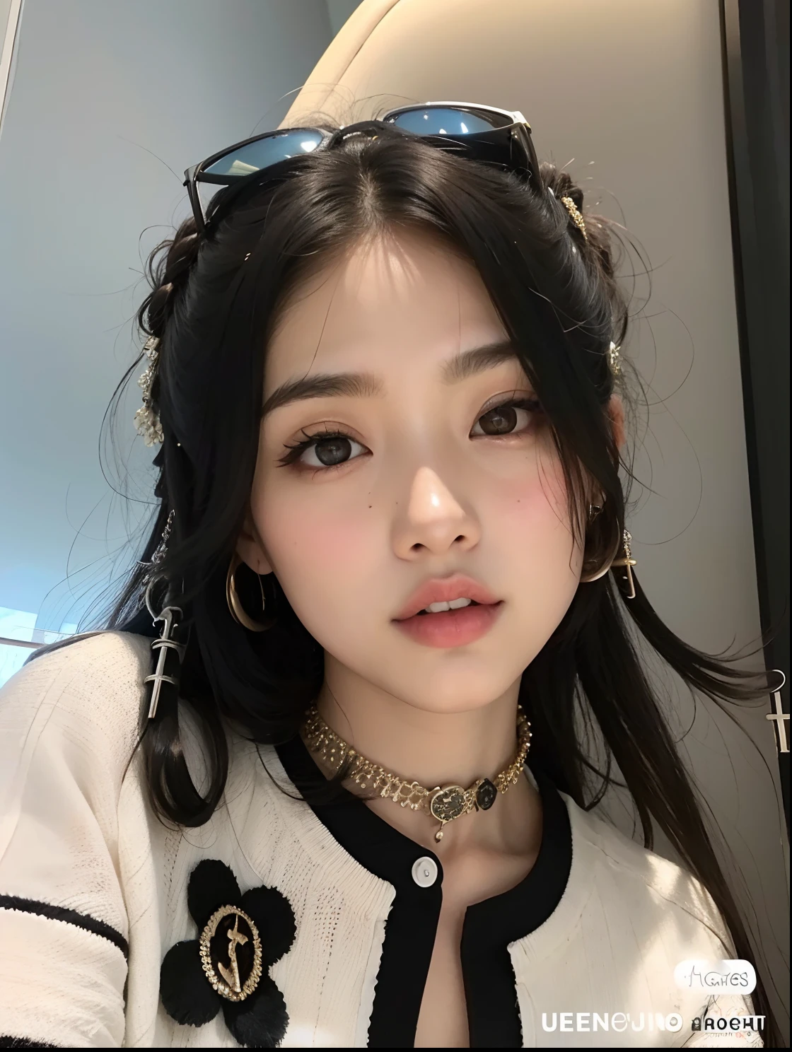A closeup of a woman with a necklace and sunglasses, cruel korean goth girl, Ulzzang, maquiagem sul-coreana popular, menina coreana, maquiagem coreana popular, Mulher sul-coreana bonita, young adorable korean face, korean face features, linda mulher coreana jovem, wan adorable korean face, mulher coreana jovem bonita, south east asian with round face, Asian girl