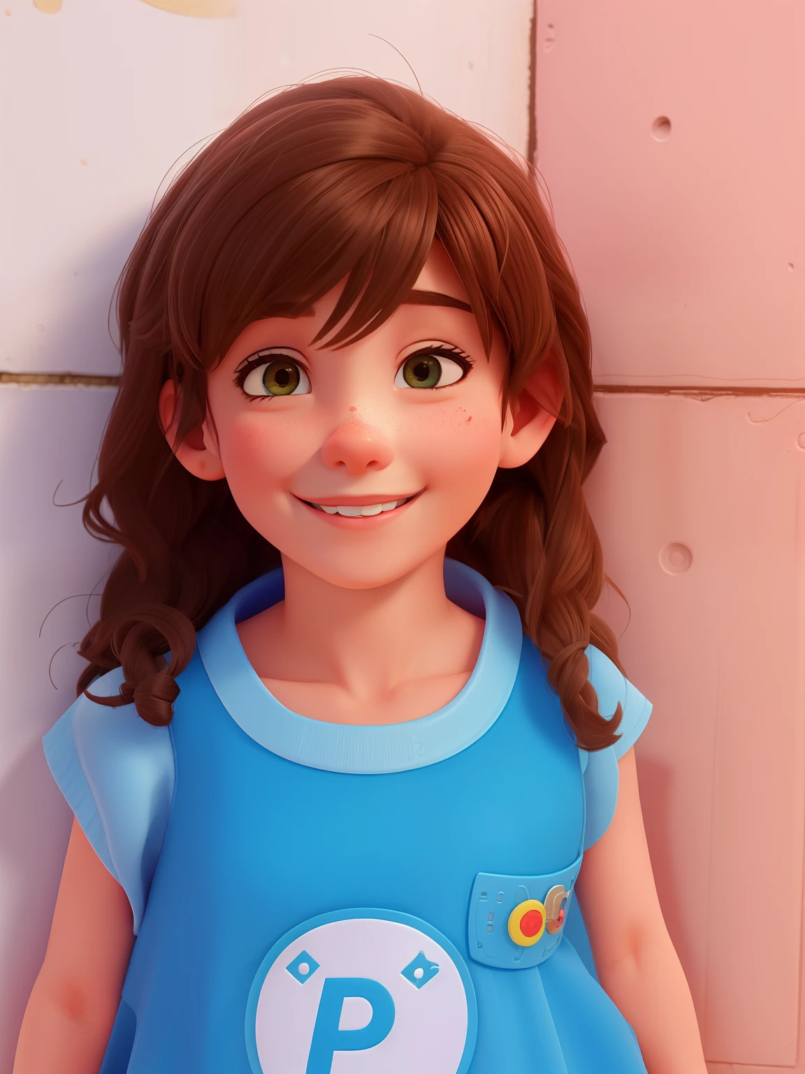 There's a girl standing in front of a wall Direction: Nandor Soldier, 2 anos, de 5 anos, andrea rocha, cabrito, mateus 9 5, edu souza, quatro anos, 4 anos de idade, cabelos castanhos e olhos grandes, she is smiling and happy, Parece Fabiula Nascimento estilo Disney pixar
