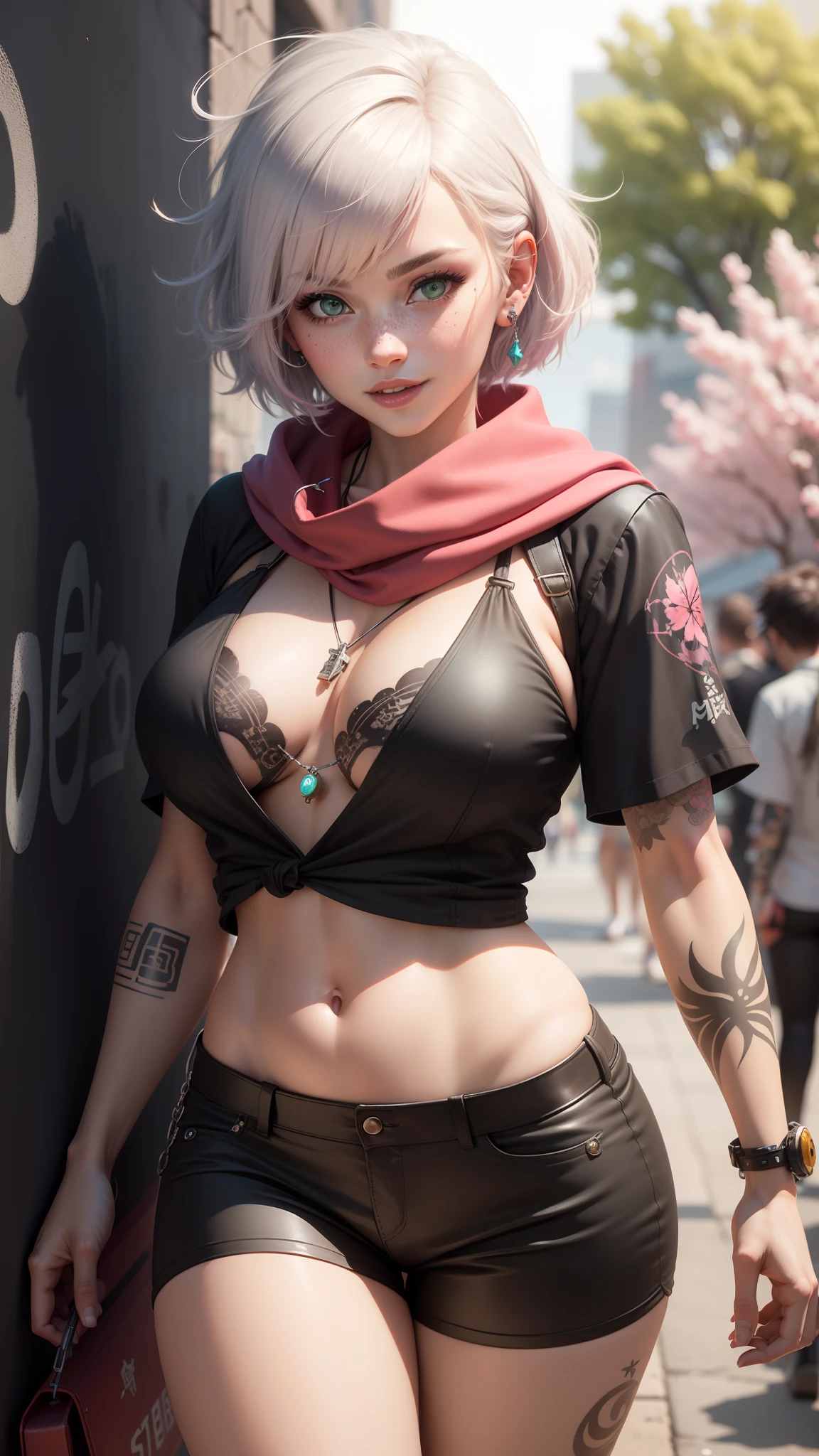 gwen tennyson,tracer,y'shtola rhul,yorha 2b,overwatch,nier automata,mecha pilot,cherry blossom,tattoos,orange and pink yukata,white short sleeve silk top,micro cargo shorts,uncovered belly,short hair,punk makeup,green eyes,multicolored silver hair,sexy smile,freckles,beautiful girl,large breasts,8k,ultra detailed,realistic,fantasy art,punk girl,ear piercings,samurai uniform,steel armor,pink short sleeve kimono hoodie,graffiti wall art,beads necklace,long ninja scarf,walking,