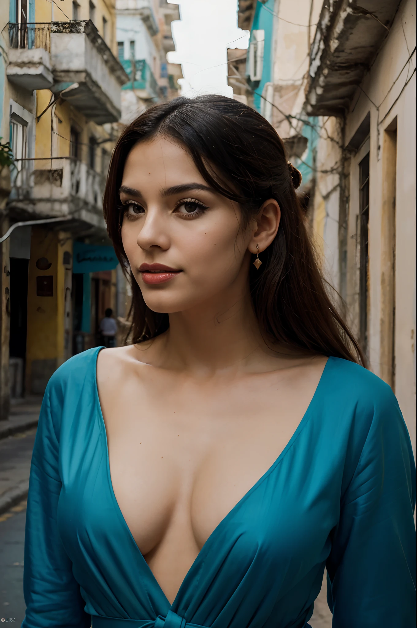 Art deco style poster, subject is a stunning Cuban woman, her persona reminiscent of the timeless Havana charm, her eyes full of stories, wisdom with a hint of mischief, lips rich and red mirroring the vibrancy of Cuba's culture, hair as dark and fluid as the Cuban night sky, wearing a traditional Cuban dress, its colors vivid and alive as if reflecting the very spirit of Cuba, surrounding setting an amalgamation of Cuba's symbolic street scenes, vintage cars, colorful buildings, azure