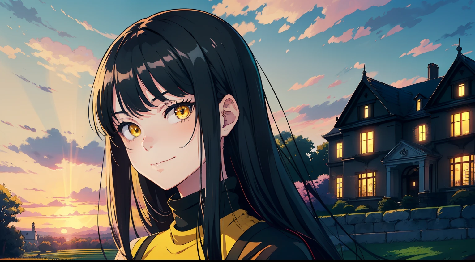 (1 girl), (best quality, high-res, ultra-detailed, anime style, pastel), ((long black hair, yellow eyes, smug eyes, slightly smiling, looking at viewer)), (countryside mansion behind), (black turtleneck), beautiful skies, anime landscape, portrait, black casual clothes, glamour shot