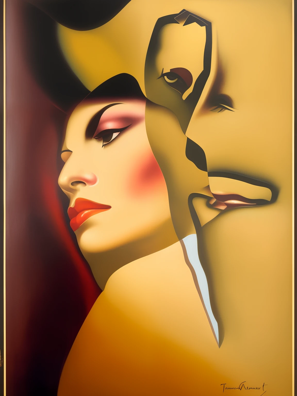 There's a painting of a woman holding a mirror in her hand, Cartaz Art Deco, art deco illustration, art deco portrait, inspirado em Rolf Armstrong, ( ( ( Art Deco ) ) ), Art Deco de uma mulher espacial, Arte Deco Vintage, Directed by: Herbert Bayer, Directed by: Robert Scott Lauder, James Jean e Rolf Armstrong, inspirado em Tamara Lempicka