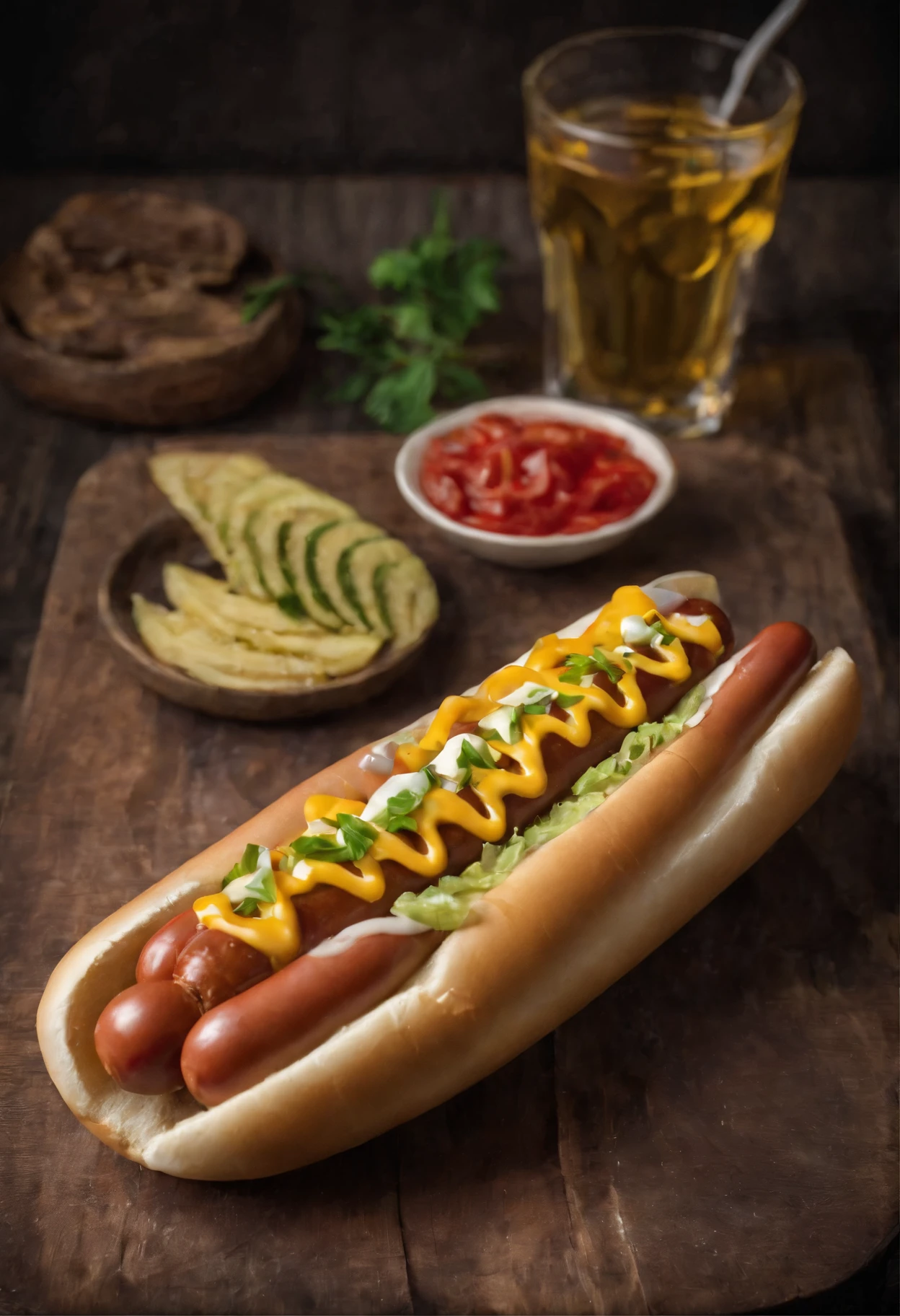 a perfect hotdog, delicious, in a woodden table, at night restaurant