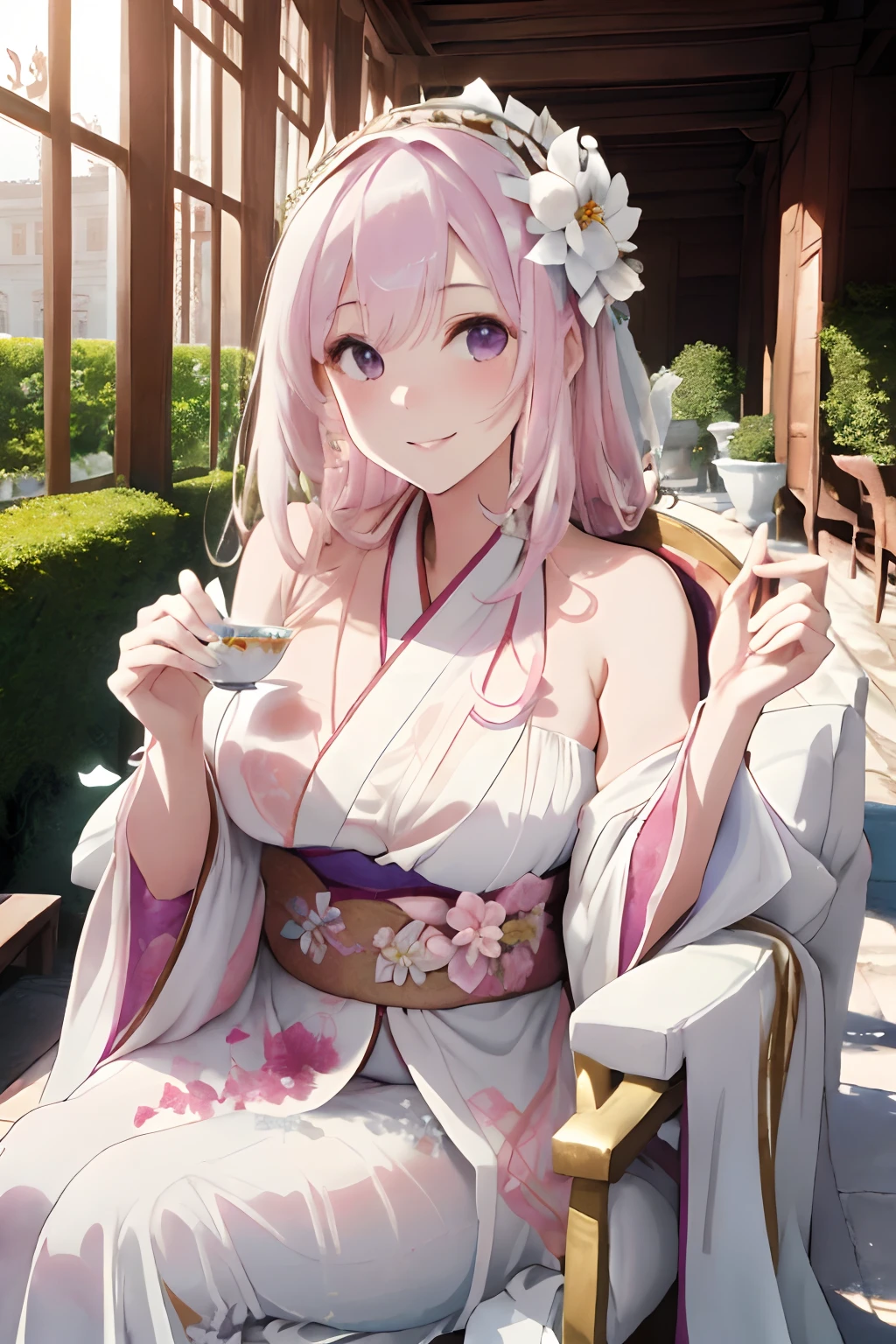 colorful flower々Botanical Gardens in Full Bloom,White Luxurious Garden Palace (White Luxurious Garden Palace),Garden table and chairs with sculptures,Fluffy pale golden hair,Eyes pale purple,Kimono with white, yellow, Light purple and light blue,Kimono,Komono,Shawl made of translucent material on the shoulders,AHE Face,red tide,nipple protrusions,Pleasant look,Smile on his face,Tea time sitting gracefully in a chair,Luxurious beautiful teacups and tea,afternoon tea,Sweets such as macarons and cakes