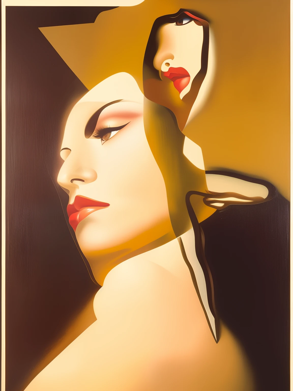 There's a painting of a woman holding a mirror in her hand, Cartaz Art Deco, art deco illustration, art deco portrait, inspirado em Rolf Armstrong, ( ( ( Art Deco ) ) ), Art Deco de uma mulher espacial, Arte Deco Vintage, Directed by: Herbert Bayer, Directed by: Robert Scott Lauder, James Jean e Rolf Armstrong, inspirado em Tamara Lempicka