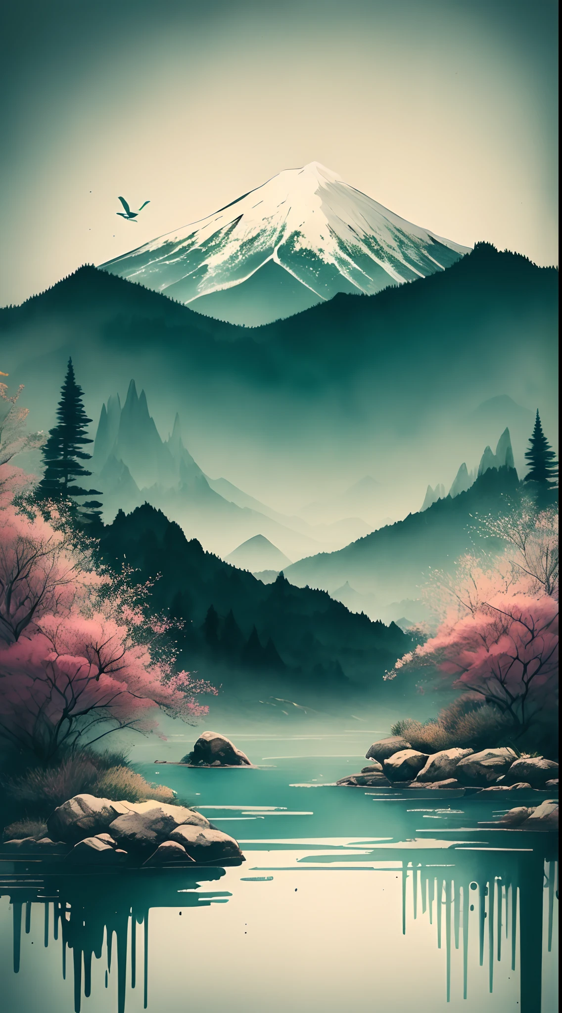 teal background, scenery, ink, mountains, water, trees, (teal theme color:1.2), (hex color #008080)