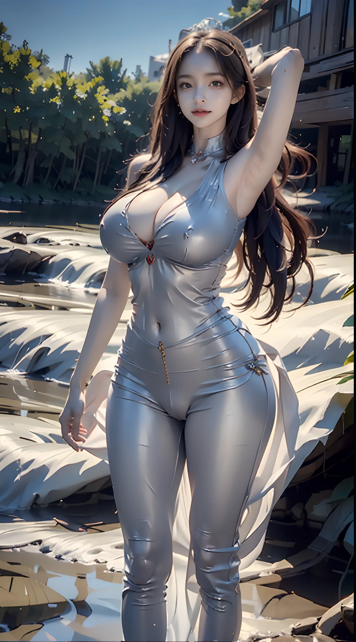 Traje de Ironman chica realista completo detallado sexy tetas grandes , cameltoe gran culo ,on a river ,pantalones calientes ,cara de sombrero , cana ,