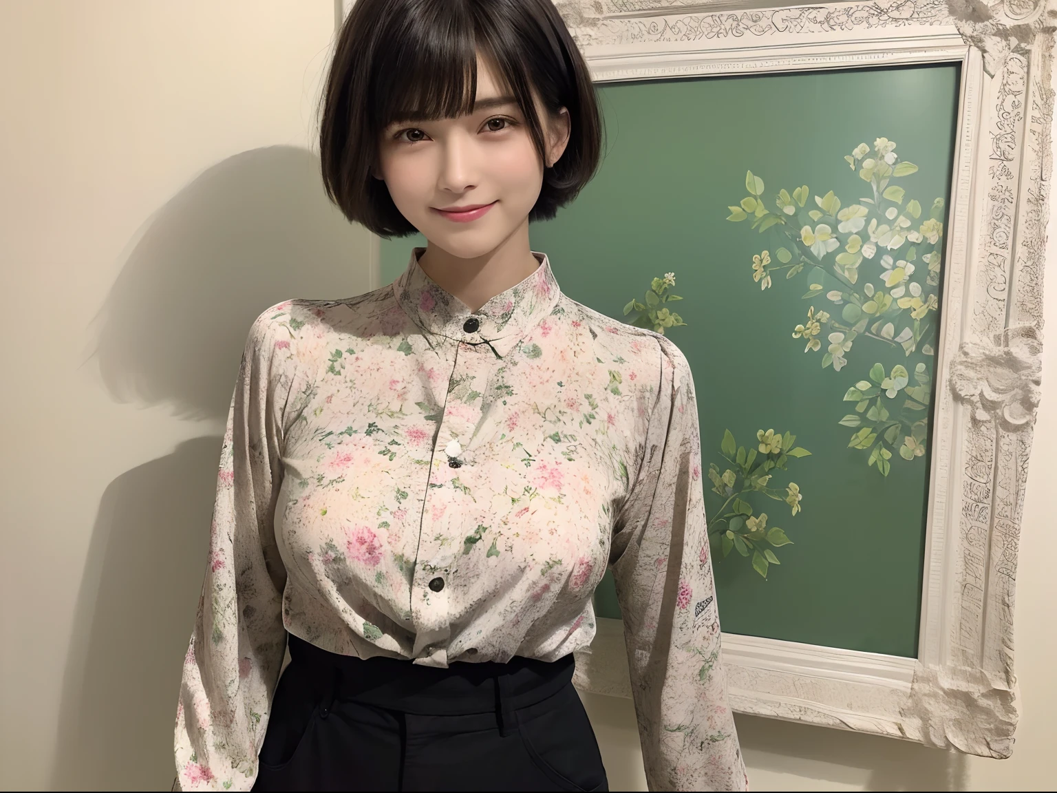 92
(a 20 yo woman,is standing), (A hyper-realistic), (masutepiece), ((short-hair:1.46)), (Smooth black hair), (Breast:1.0), wear long pants, (Wearing a long-sleeved shirt with a floral print), (painterly、picture frame), (kindly smile), (Keep your mouth shut)