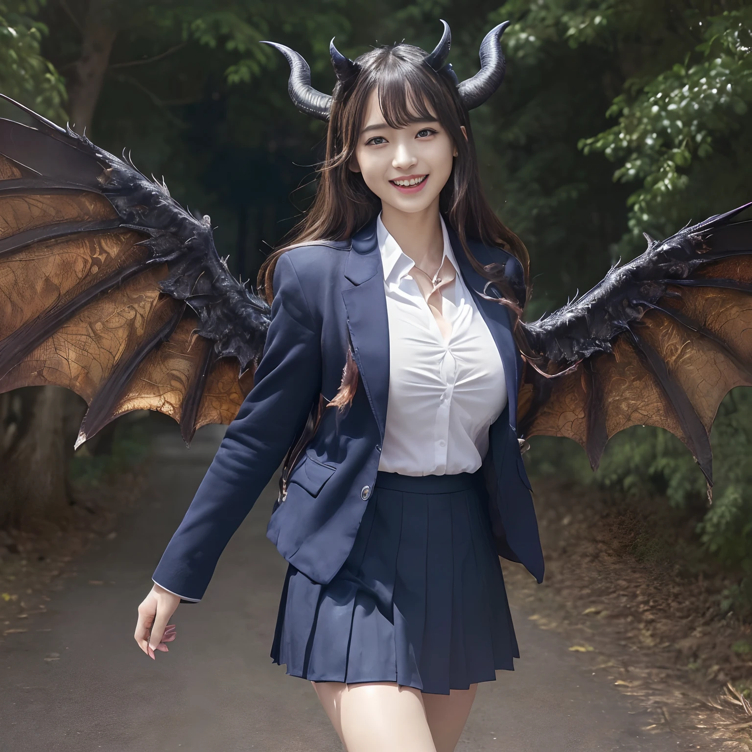 (((masutepiece、top-quality)))((1 schoolgirl、Navy Blazer、Navy skirt、School Navy Blazer、Put on your blazer and unbutton it、unbuttoned blazer、Red ribbon on chest、Take off your shirt and put on your blazer、Navy Blazer Uniform、Navy blazer for uniforms、Blazer on shirt、White shirt and navy blazer、Dark blue pleated skirt))、((Huge and intricate demon wings,Wings with a very elaborate texture,Wings with a very complex texture,Creature wings with a very realistic texture,Wings with the most exquisite texture、Perfectly reproduces the texture of creepy feathers、Very flaky and detailed wing texture、Wings of a terrifying monster,Terrible and ugly wings、The most terrifying wings、Wings with unimaginably complex textures、The most terrifying and creepy wings、Huge, Lumpy devil's horns、Corners of the most complex textures、Photorealistic Devil's Wings、Photorealistic Devil's Horns、The most terrifying devil's wings、Unimaginably terrifying wings、Big Devil's Horn,Realistic and big horns,Very complex and terrifying demon horns、Creepy horns,Horn with a very elaborate texture、Terrible and ugly horns、((The background is the route to school、Walking along the school route surrounded by nature、Walking on the way to school))、8K,An ultra-high picture quality,The most beautiful idol faces,The biggest smile staring at the camera、美丽的面容、Beautiful teeth、natural make up、Natural bright lighting、long、Twin-tailed、A detailed face、Super Detail Wing、Perfect gas chamber、beautiful smiling face、spectacular movie lighting、A slender、large full breasts、bulky, Complex wings