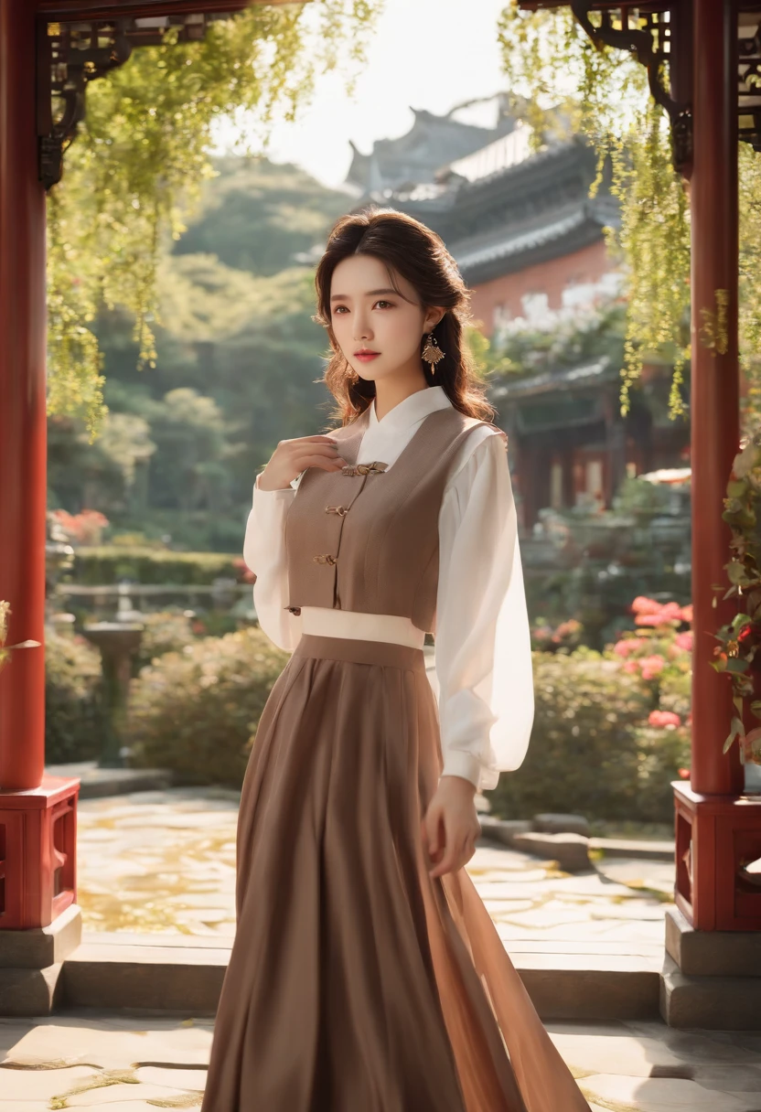 (The background is Humble Administrator's Garden:1.3)、((Realistic lighting、top-quality、8K、masterpiece:1.3))、focus:1.2、1girl in、Perfect figure:1.4、Slim abs:1.1、((dark brown hair))、(Casual clothing:1.4)、(outside of house:1.1)、The background is Humble Administrator's Garden、Super fine face、Narrow-eyed、二重まぶた、Casual clothing、skirt by the、Humble Administrator's Garden、Beautiful face like a model