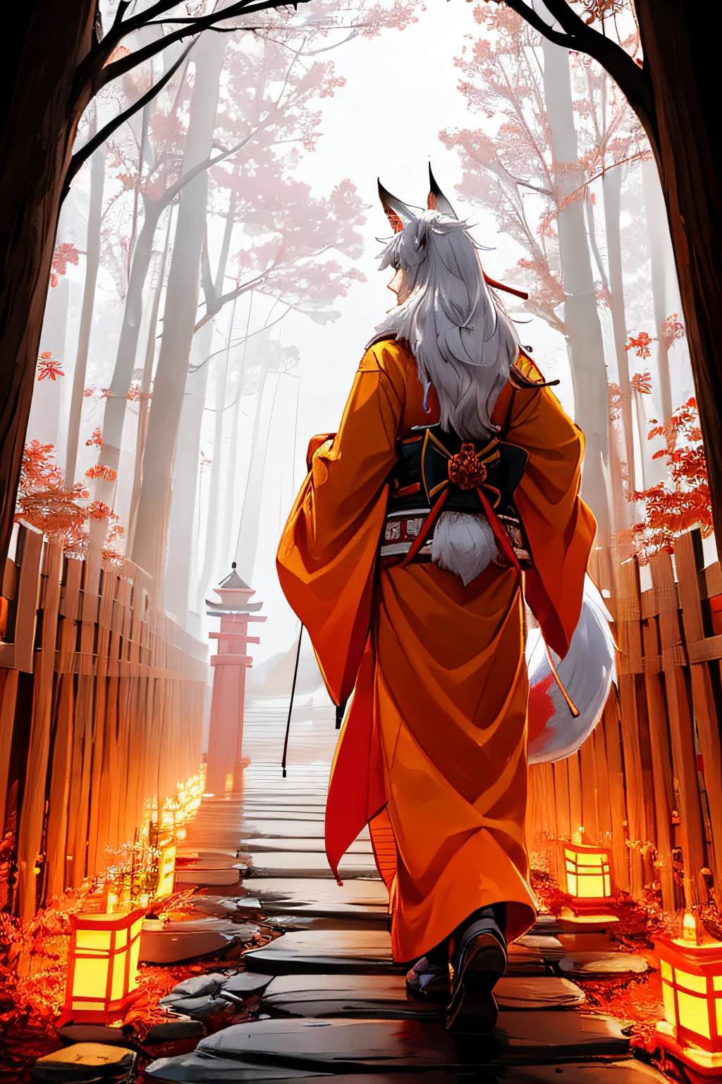 Tall Male kitsune, Fox ears, one fox tail, dressed in an orange samurai kimono, holding a Japanese umbrella, long silver hair with a red strand, against the backdrop of rain and a maple forest, walking along a rocky path, behind a Japanese arch