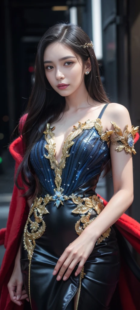 (dent in the skin:1.5), Realistic, realisticlying, (tmasterpiece:1.5), concept-art, Complicated details, highly detailed, realisticlying, rendering by octane, 8K, unreal-engine, dynamicposes, best qualtiy, A high resolution, (Realistic face:1.1), (hyper realisitc:1.1), (full_Body)), perfect eyes,(shiny skins:1.2), (((Hairstyles))), (((perfect hand))), (very highly detailed background), ((Dynamic background)), (llight rays), ((Detailed eyes, high-quality eyes, face with high quality)), (((Flowing hairstyle))), Epic, depth of fields, Bokeh, 4K, gotik, Mountain background, salama, Glowing blue iris, is in night,Smile,