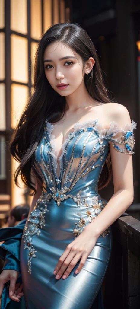 (dent in the skin:1.5), Realistic, realisticlying, (tmasterpiece:1.5), concept-art, Complicated details, highly detailed, realisticlying, rendering by octane, 8K, unreal-engine, dynamicposes, best qualtiy, A high resolution, (Realistic face:1.1), (hyper realisitc:1.1), (full_Body)), perfect eyes,(shiny skins:1.2), (((Hairstyles))), (((perfect hand))), (very highly detailed background), ((Dynamic background)), (llight rays), ((Detailed eyes, high-quality eyes, face with high quality)), (((Flowing hairstyle))), Epic, depth of fields, Bokeh, 4K, gotik, Mountain background, salama, Glowing blue iris, is in night,Smile,