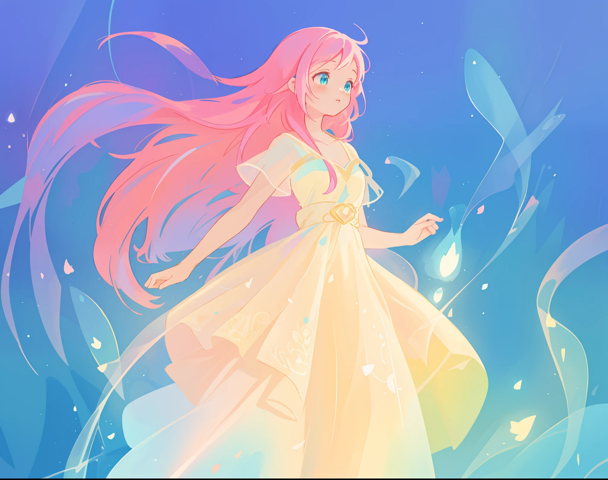 beautiful girl in flowing white dress, vibrant pastel colors, (colorful), magical lights, long flowing colorful pink hair, otherworldly aqua and blue landscape background, inspired by Glen Keane, inspired by Lois van Baarle, disney art style, by Lois van Baarle, glowing aura around her, by Glen Keane, jen bartel, glowing lights! digital painting, flowing glowing hair, glowing flowing hair, beautiful digital illustration, fantasia background, whimsical, magical, fantasy, beautiful face, ((masterpiece, best quality)), intricate details, highly detailed, sharp focus, 8k resolution, sparkling detailed eyes, liquid watercolor