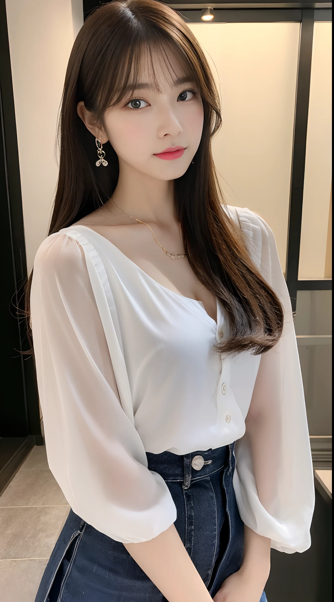 (top-quality、hight resolution、​masterpiece:1.3)、Tall and cute woman、Slender abs、Dark brown hair styled in loose waves、mideum breasts、Wearing a pendant、White see-through shirt、a belt、a black skirt、(Modern architecture in background)、Details exquisitely rendered in the face and skin texture、A detailed eye、二重まぶた、a smile、